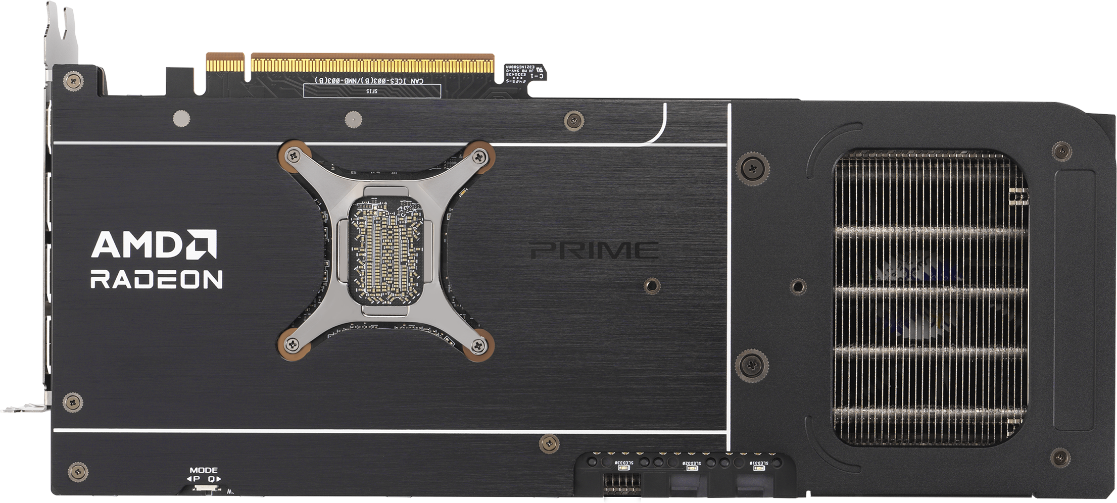 Vue arrière d'une carte graphique AMD Radeon Prime, avec un boîtier en métal noir et un ventilateur.