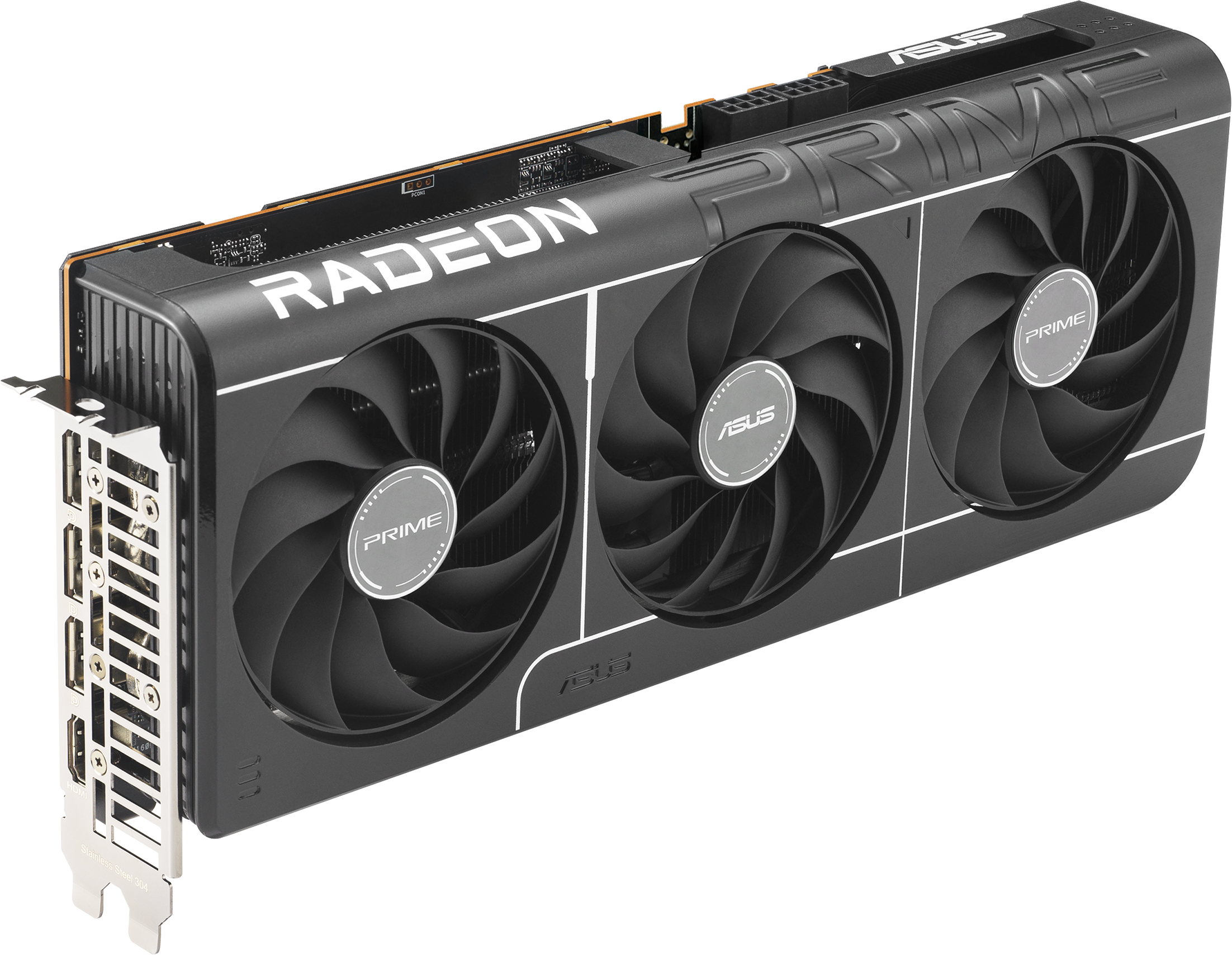 Une carte graphique ASUS Radeon noire et argentée avec trois ventilateurs. La carte porte les mots "RADEON" et "PRIME".