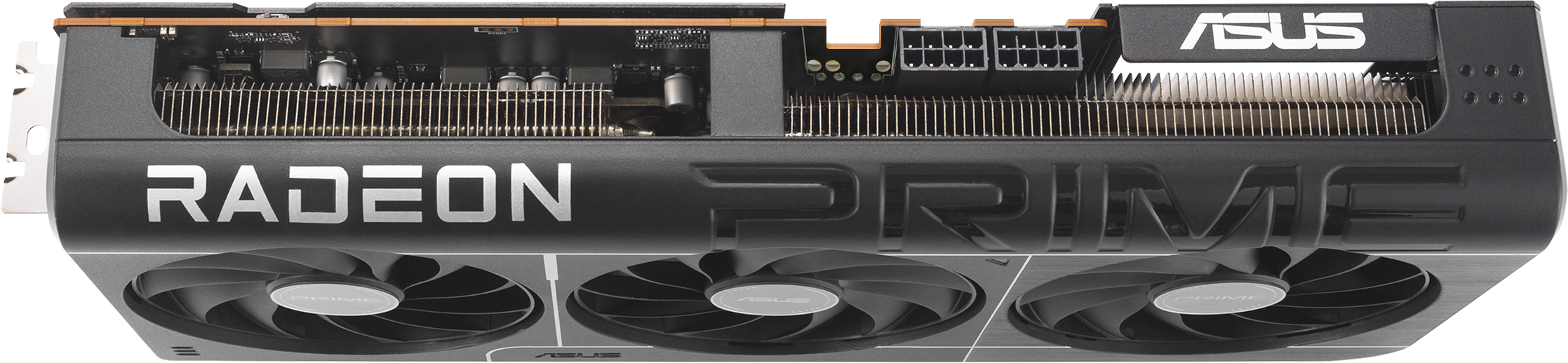 Carte graphique noire et argentée avec le mot RADEON PRIME et trois ventilateurs.