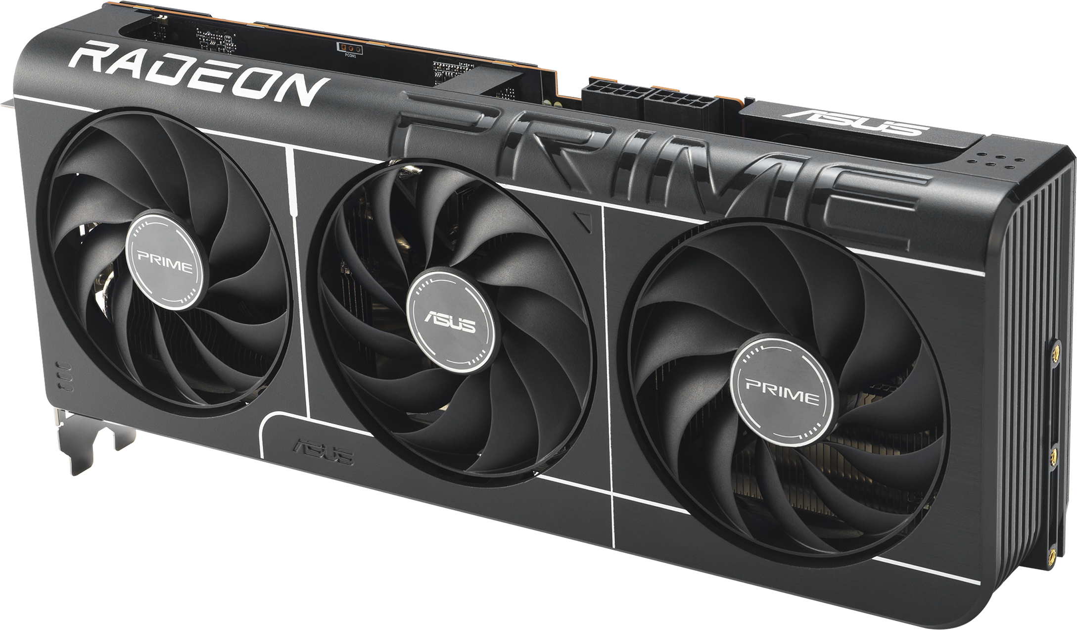 Une carte graphique ASUS Radeon PRIME noire et grise avec trois ventilateurs. Le mot RADEON est visible. Le fond est un dégradé gris clair.