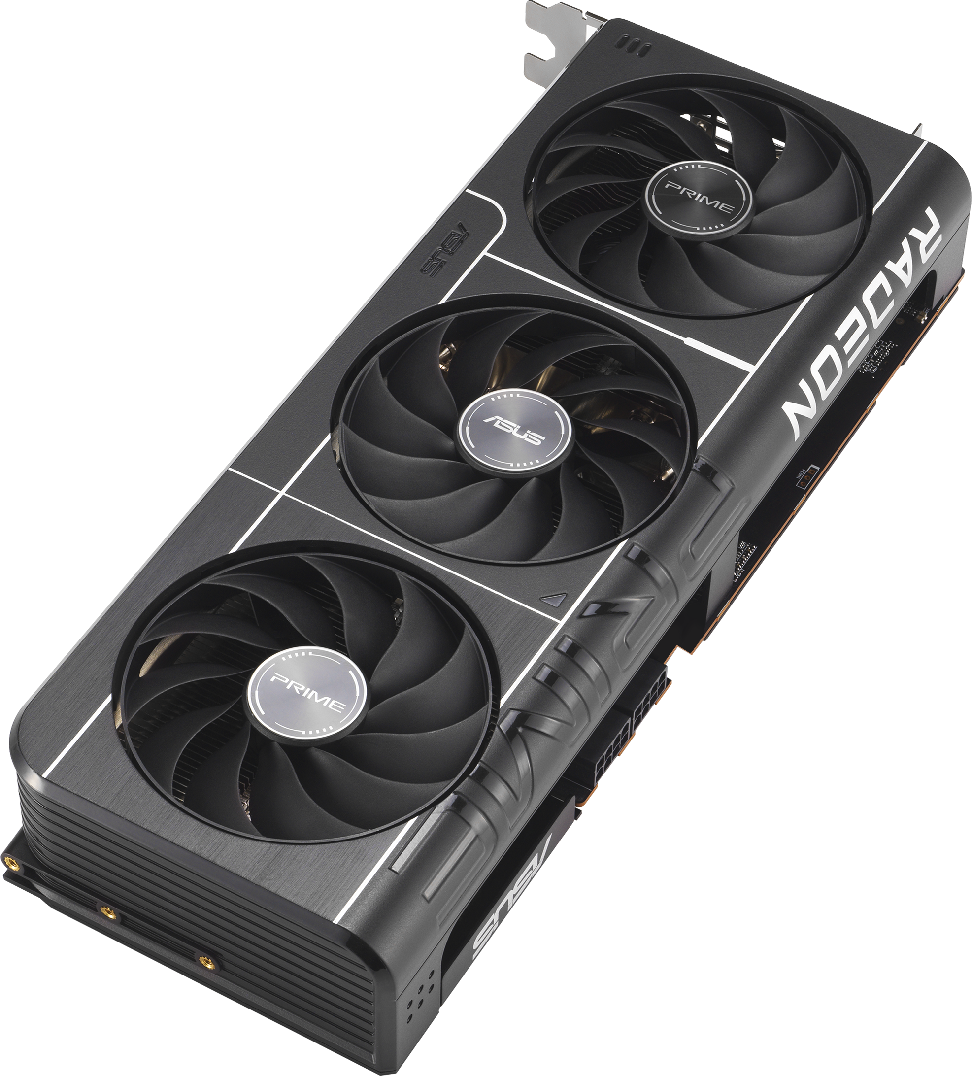 Une carte graphique Radeon avec trois ventilateurs de refroidissement.