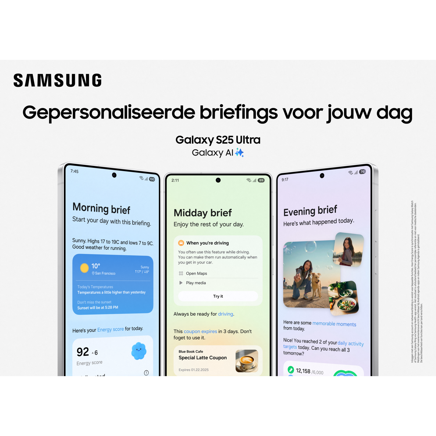 Drie telefoonschermen met weer, autorijden en herinneringen. Samsung-logo bovenaan.