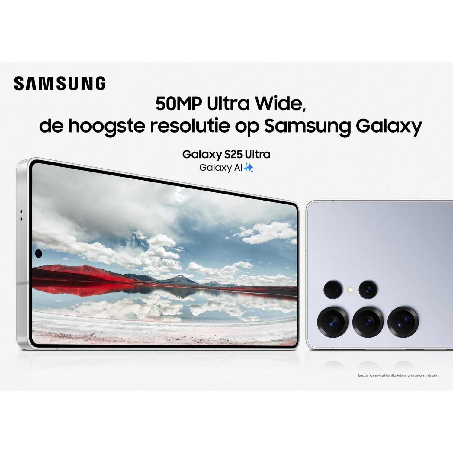 Samsung Galaxy S25 Ultra telefoon met landschapsafbeelding op scherm en close-up van camera's aan de achterkant, witte achtergrond.