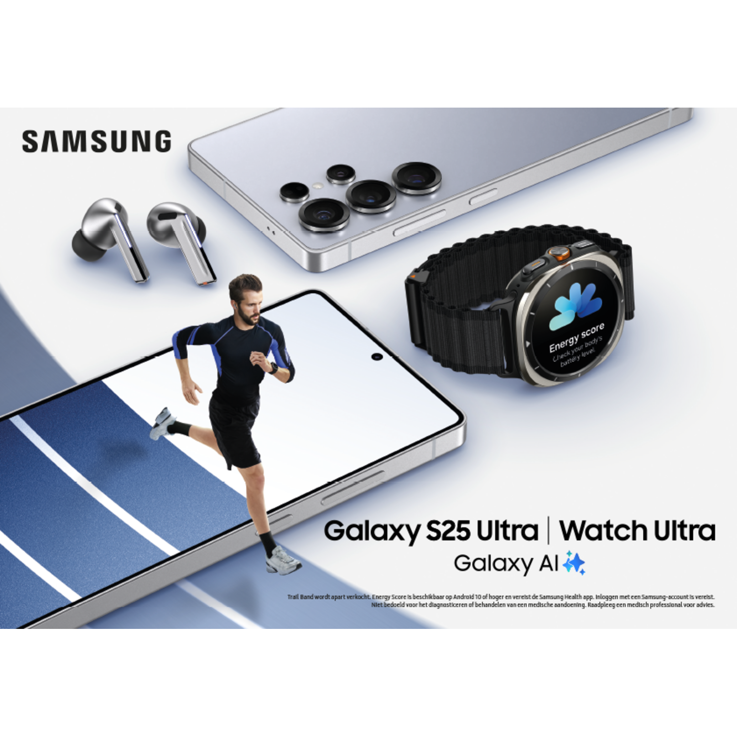 Samsung Galaxy S25 Ultra smartphone, horloge en hardloper advertentie.