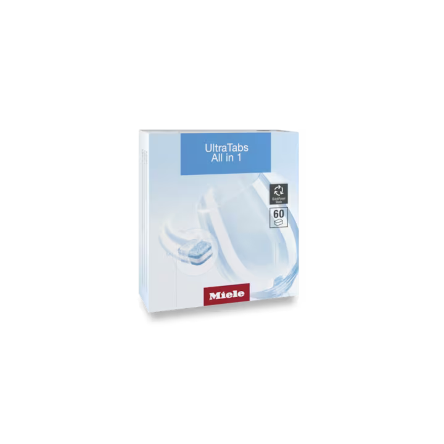 A white box of Miele UltraTabs All in 1 dishwasher detergent is on a black background. The box has blue and white graphics and says '60'.