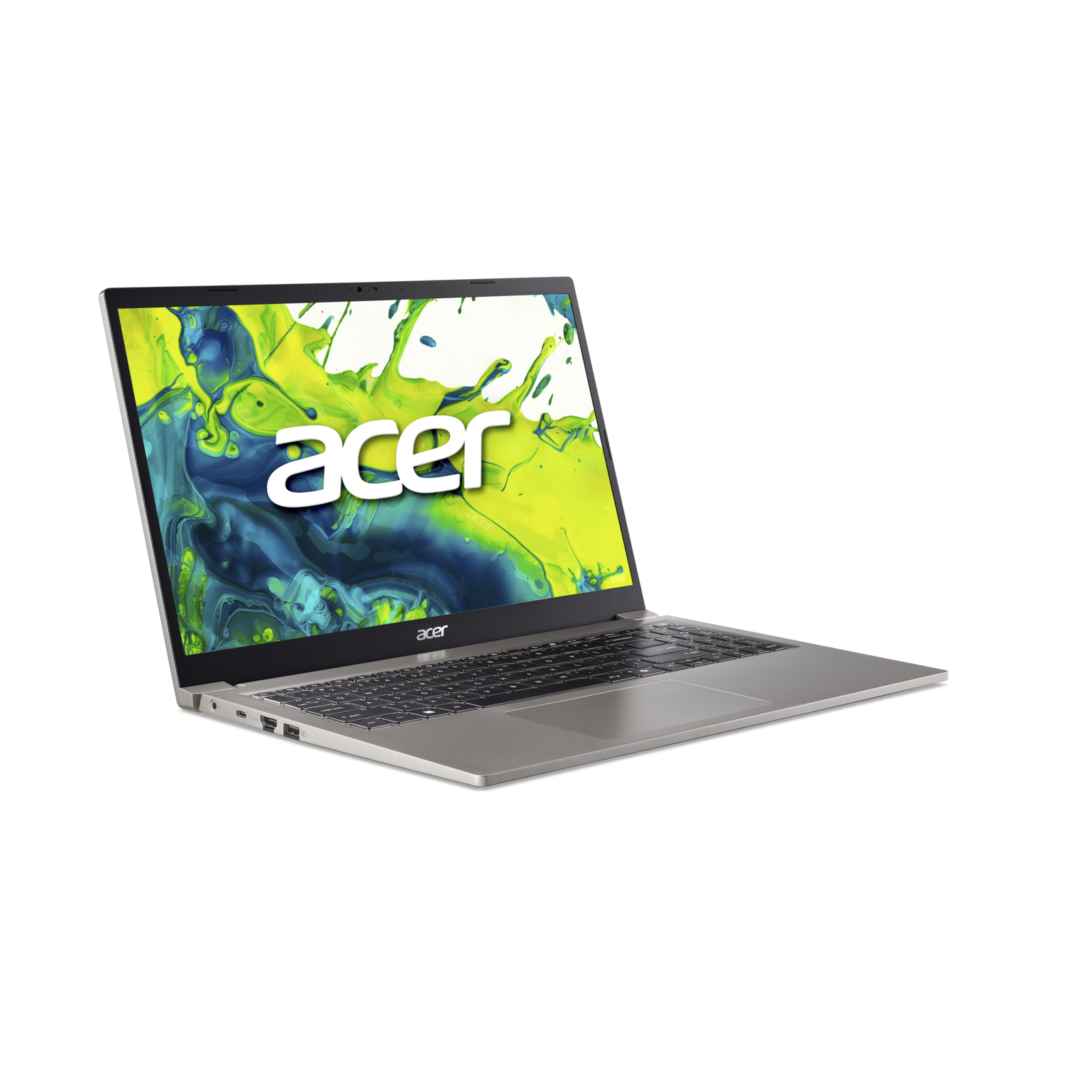 A silver Acer laptop is open, displaying a colorful splash screen. The background is black.