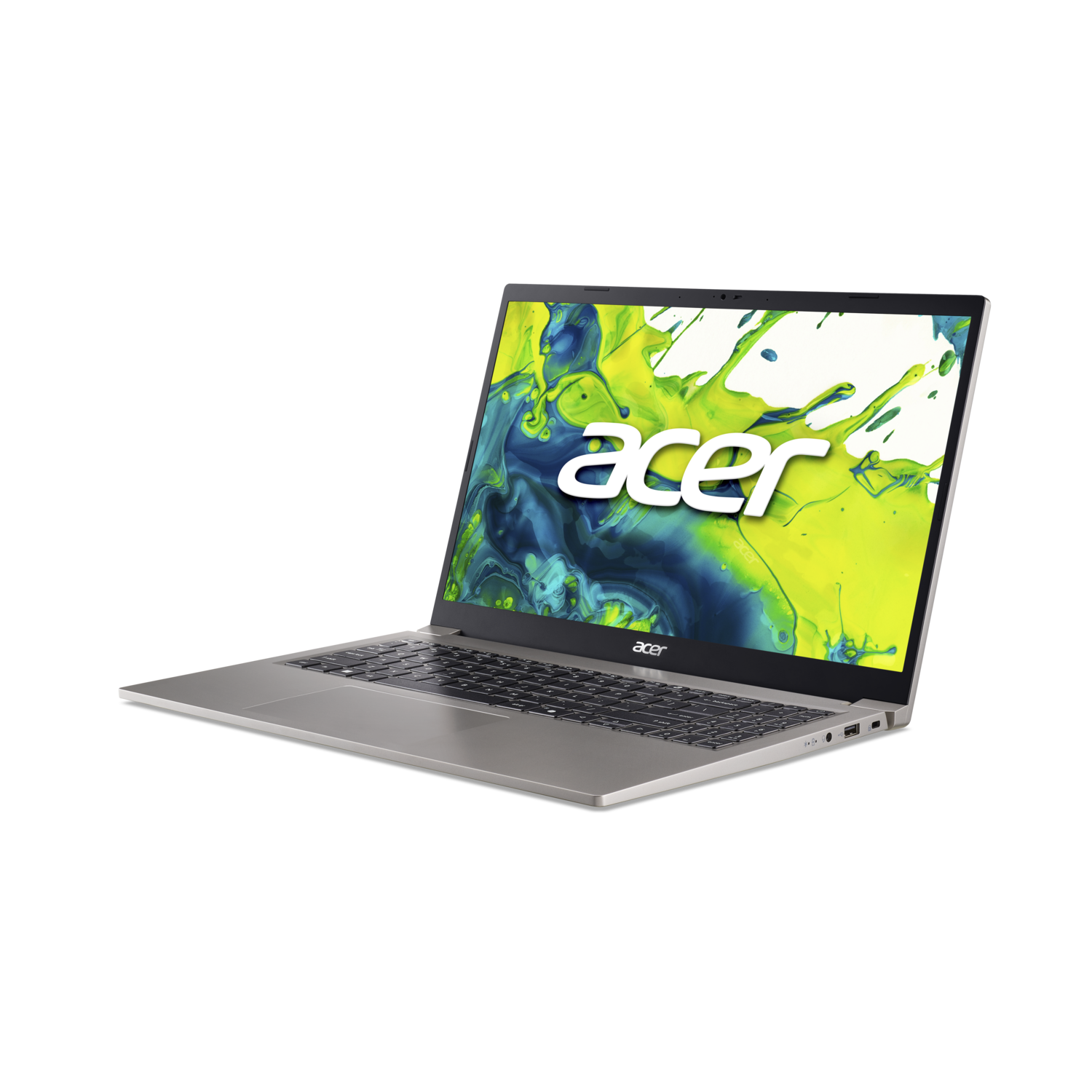 An open Acer laptop on a black background. The screen displays a colorful splash design. The laptop is silver.