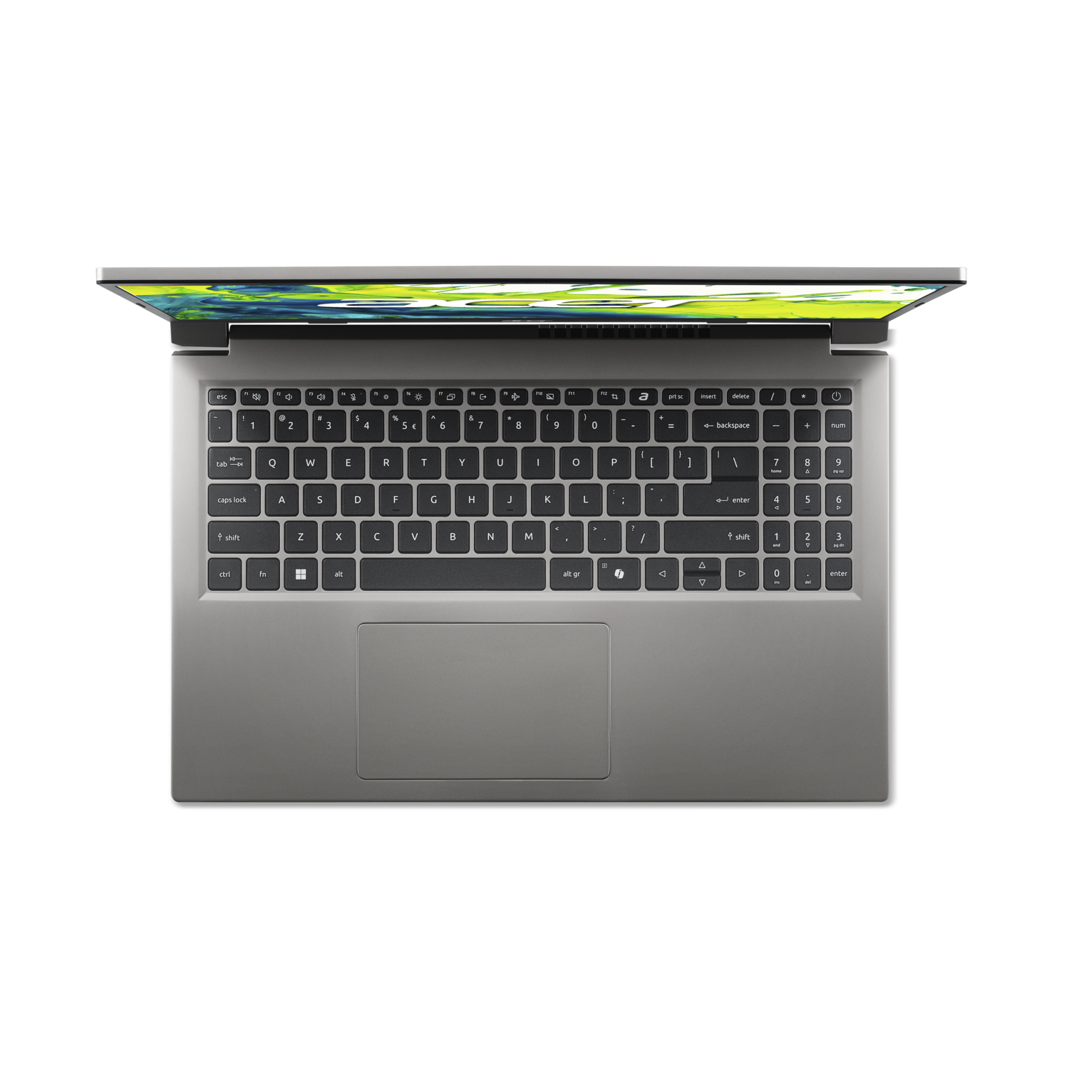 Laptop, top view. Silver keyboard, black keys, and touchpad. Screen is open, showing a colorful display, all on a black background.