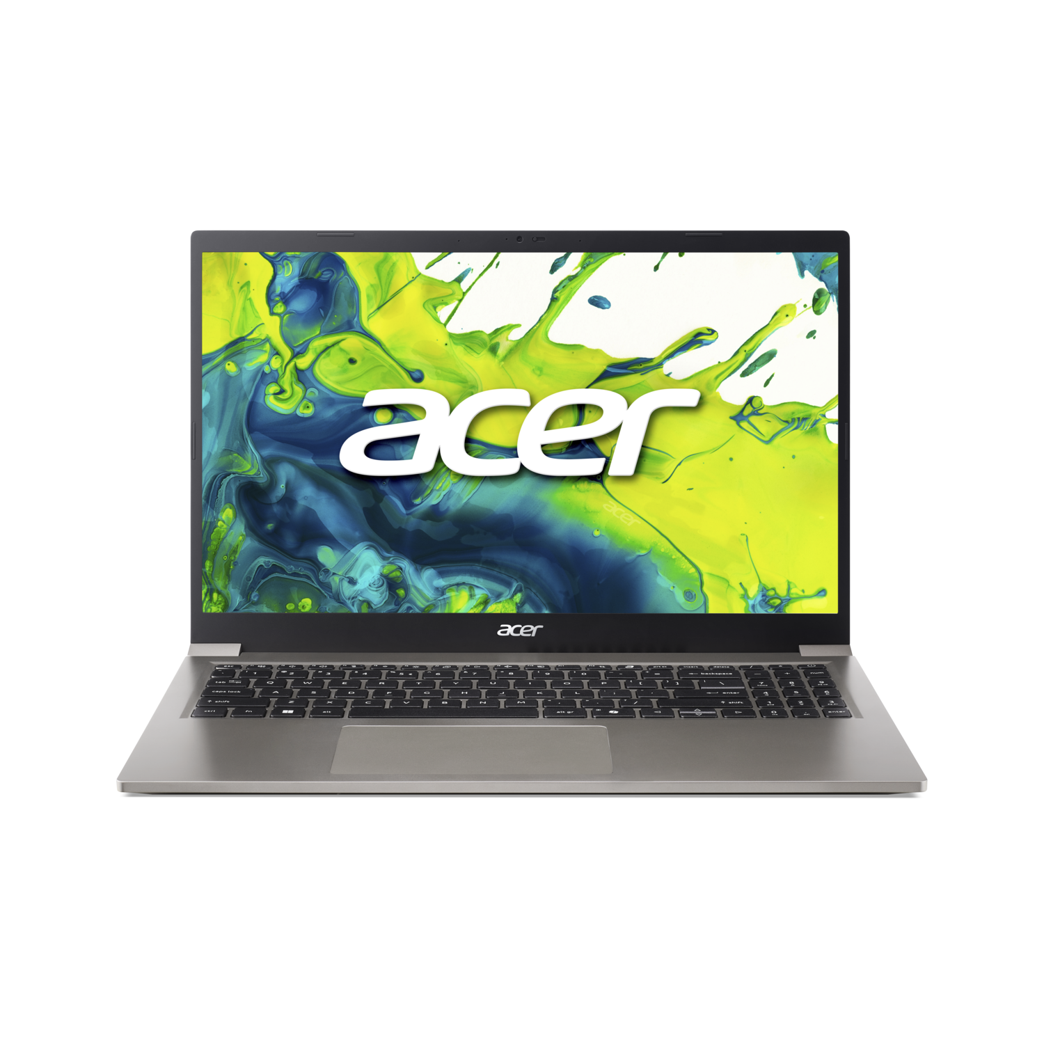 A silver Acer laptop is open, displaying a colorful splash screen. The background is black.