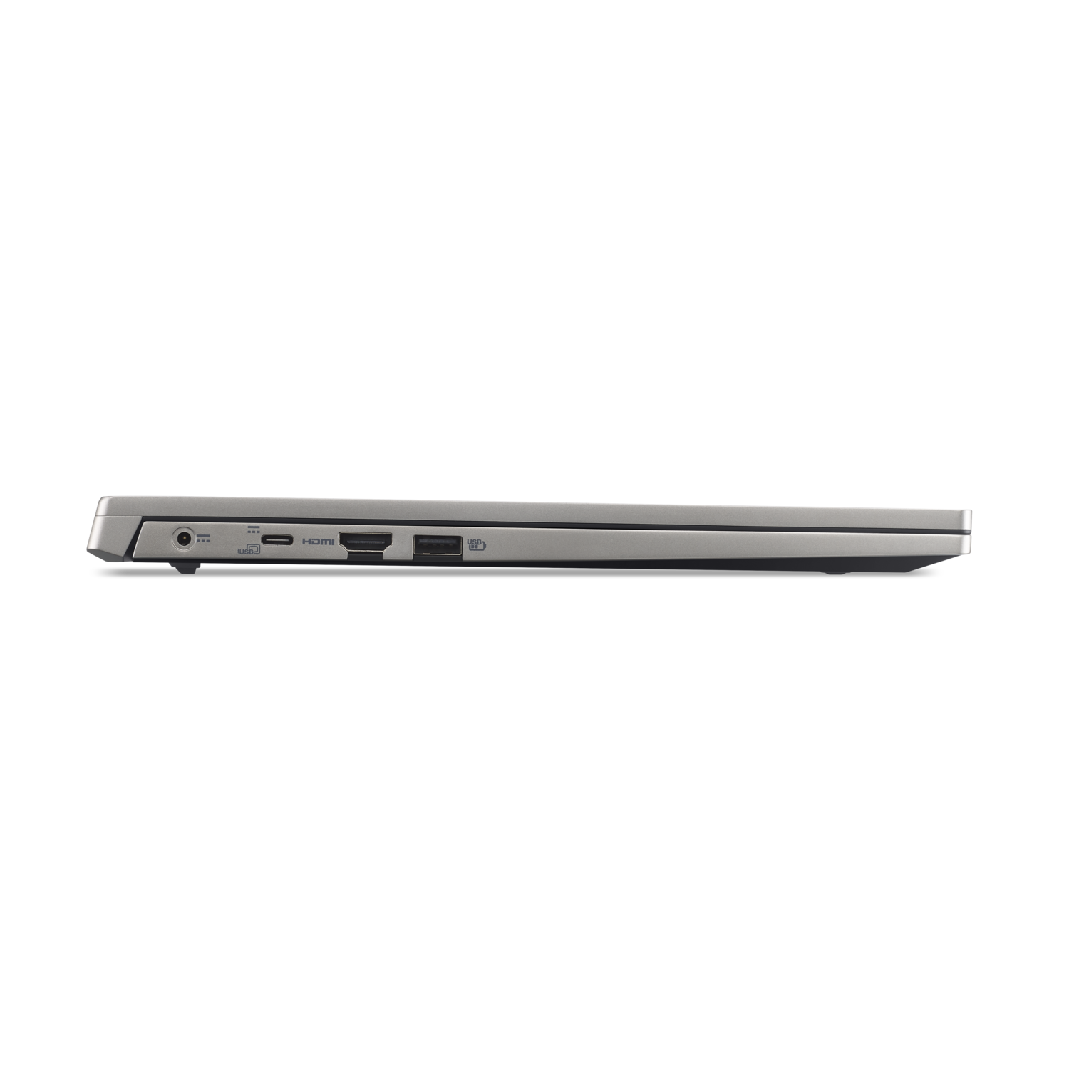 A silver laptop's side profile is visible, showcasing ports like HDMI, USB, and a charging port against a black background.