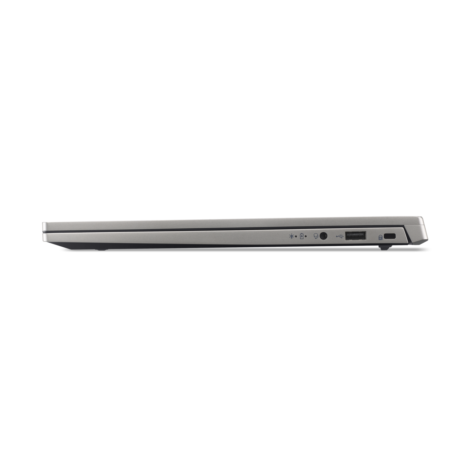 A silver laptop's side profile is shown against a black background. Ports for power, USB, and audio are visible.