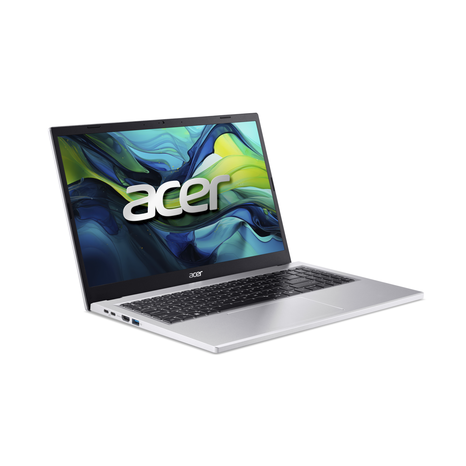 Zilveren Acer-laptop op zwarte achtergrond. Het scherm toont het Acer-logo en kleurrijke abstracte kunst. Toetsenbord en touchpad zijn zichtbaar.