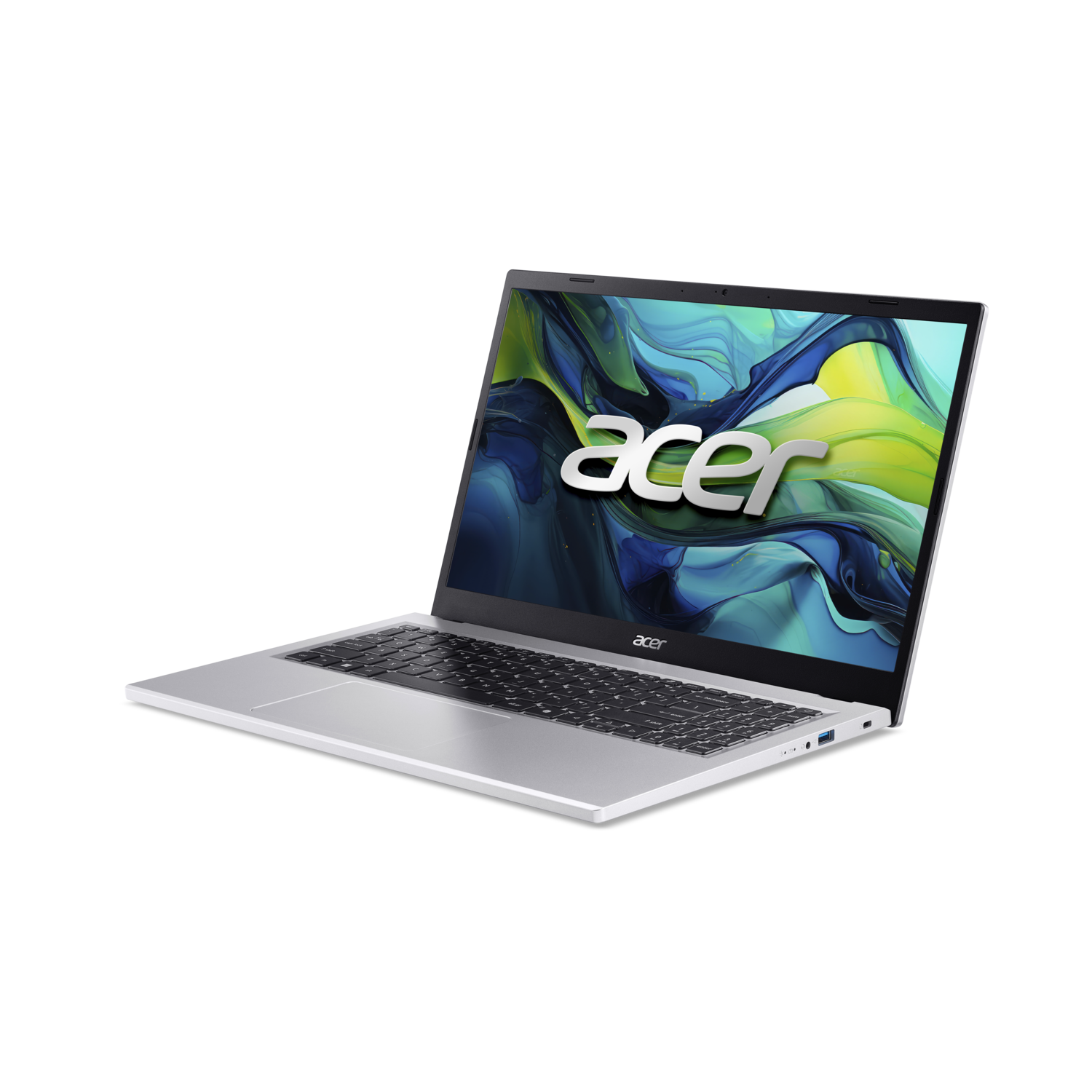 Een zilveren Acer-laptop staat open op een zwarte achtergrond. Het scherm toont een kleurrijk abstract ontwerp. Het Acer-logo is zichtbaar.