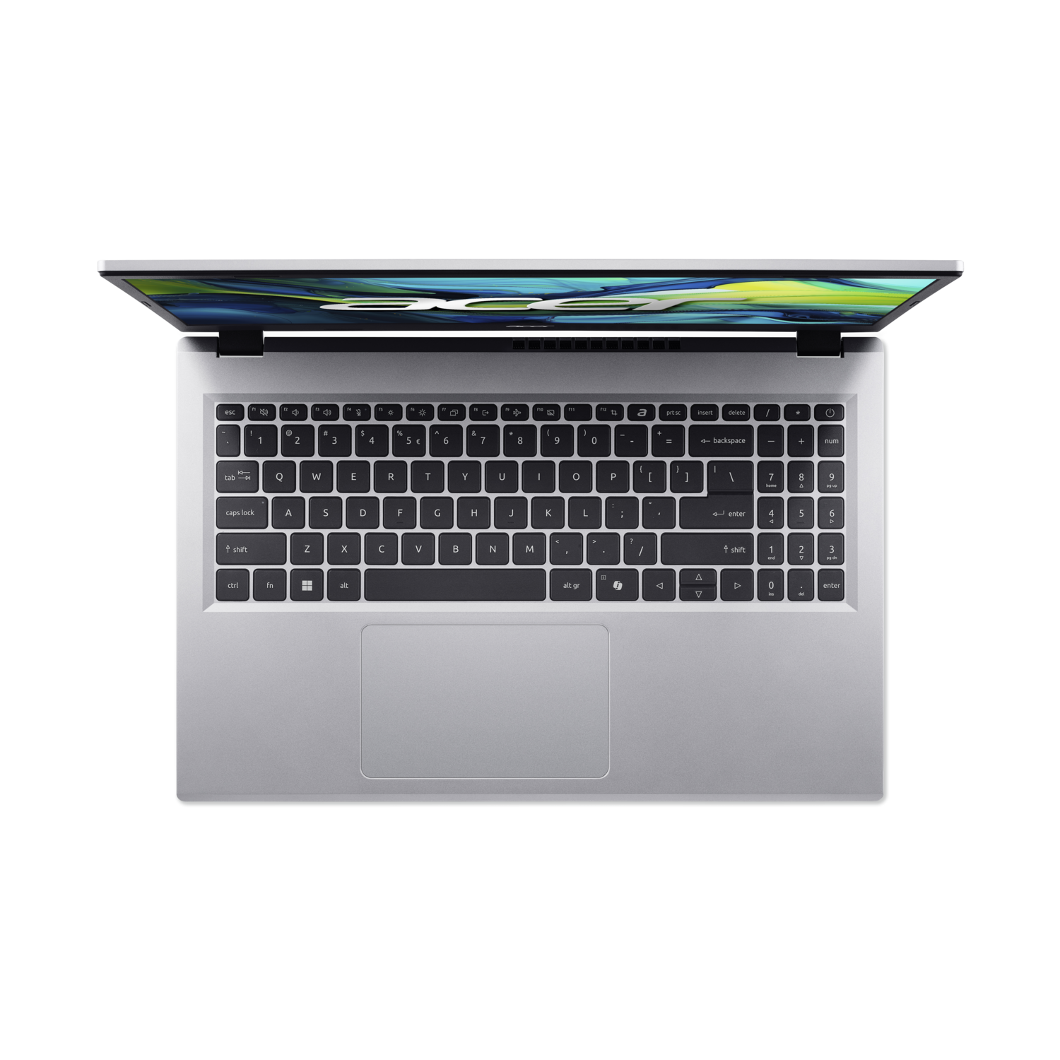 Een zilveren laptop op een zwart oppervlak. Het scherm is open en toont het toetsenbord.