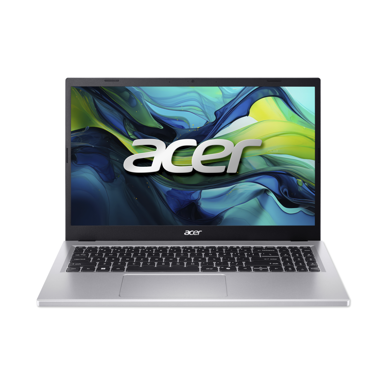 Zilveren Acer laptop, open, op een zwarte achtergrond, met het Acer logo op het scherm.
