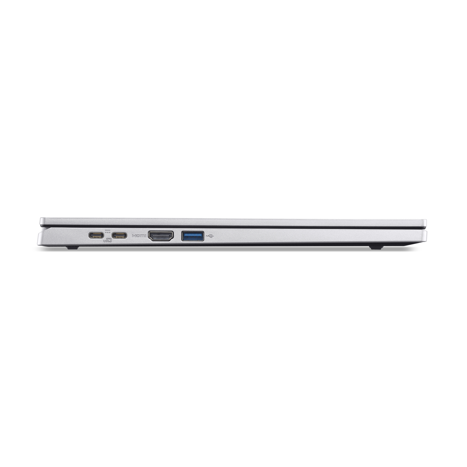 Zijaanzicht van een zilveren laptop tegen een zwarte achtergrond. Zichtbare poorten: USB-C, HDMI en USB.