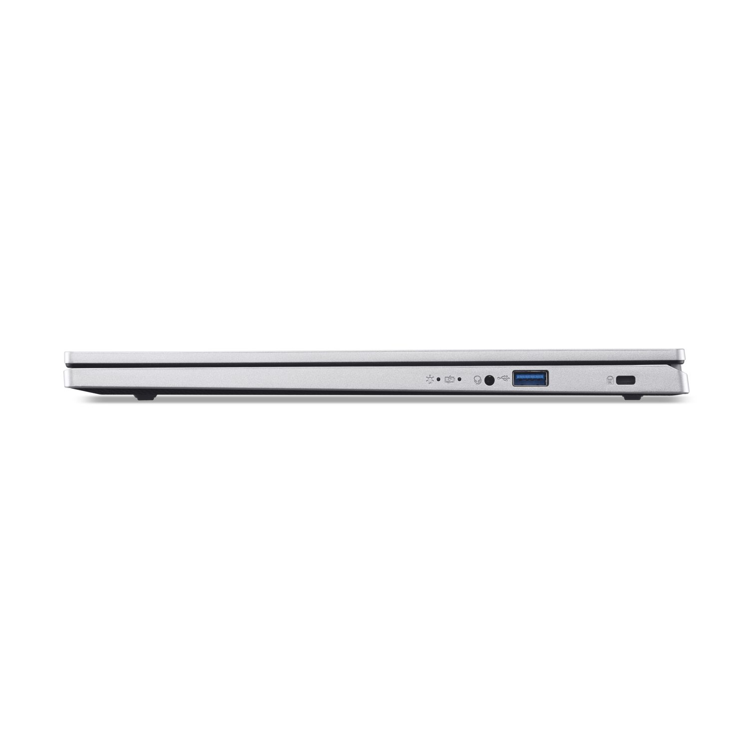 Zijaanzicht van een zilveren laptop, met USB-, stroom- en audio-poorten. De achtergrond is volledig zwart.