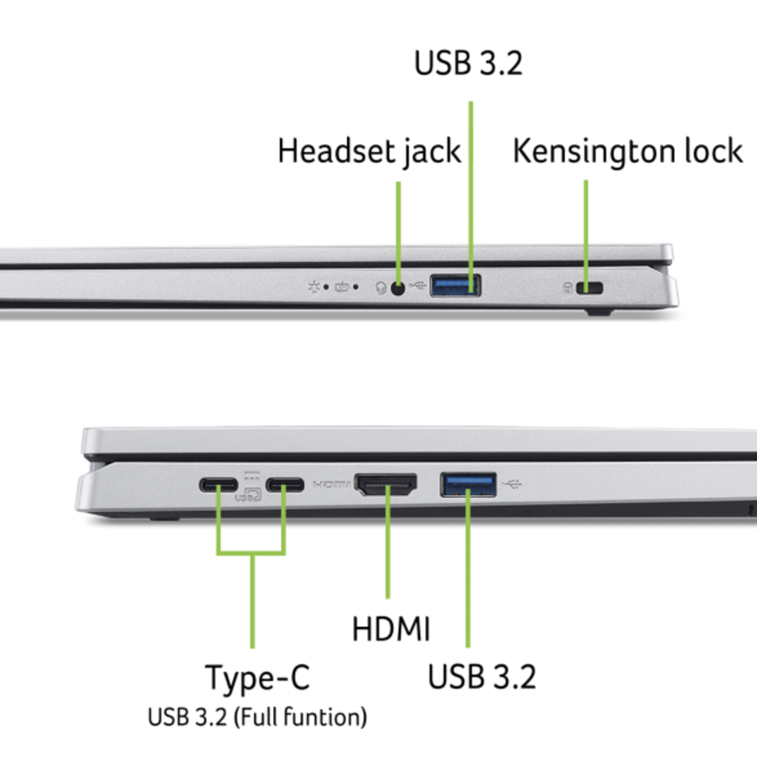 Close-up van de zijkant van een zilveren laptop, met poorten zoals USB, HDMI en audio jack. De afbeelding benadrukt verbindingspunten.