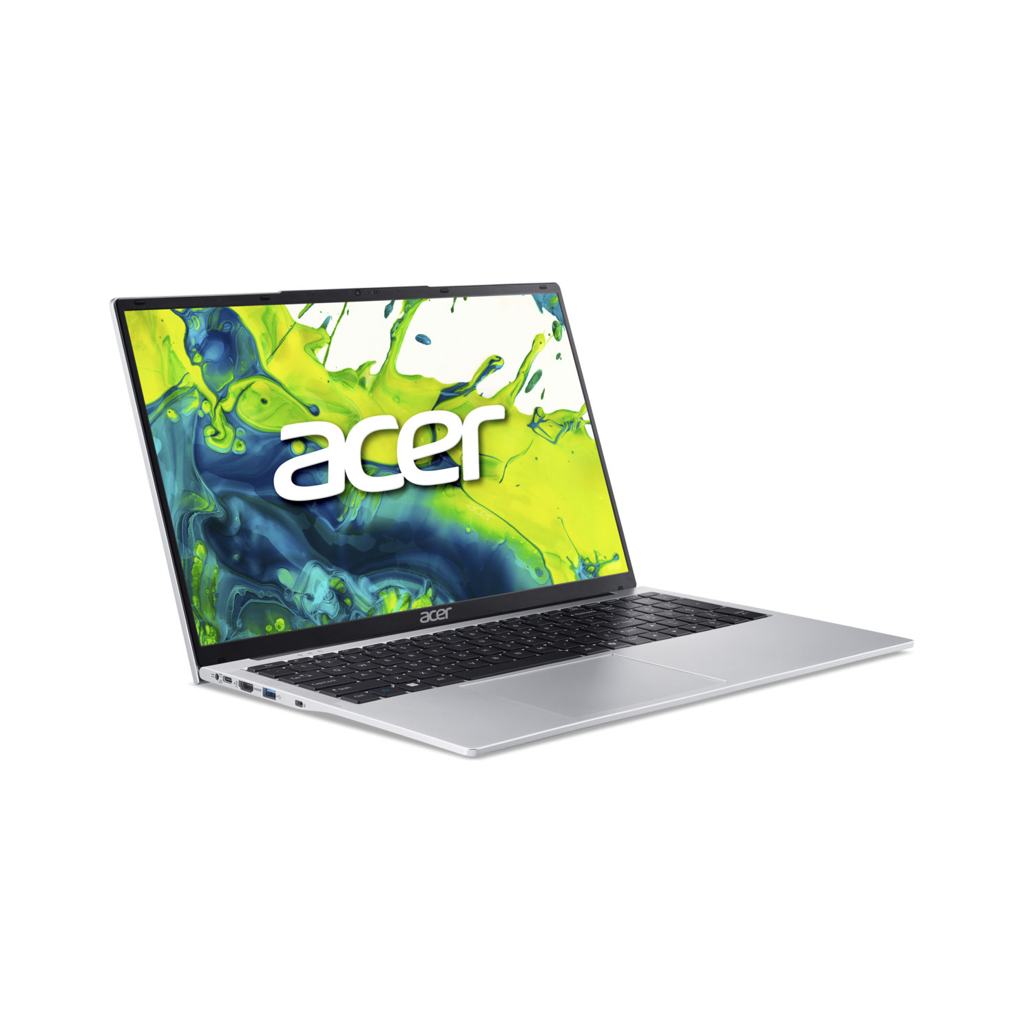 A silver Acer laptop, open and angled, displays a colorful splash screen. The background is black.