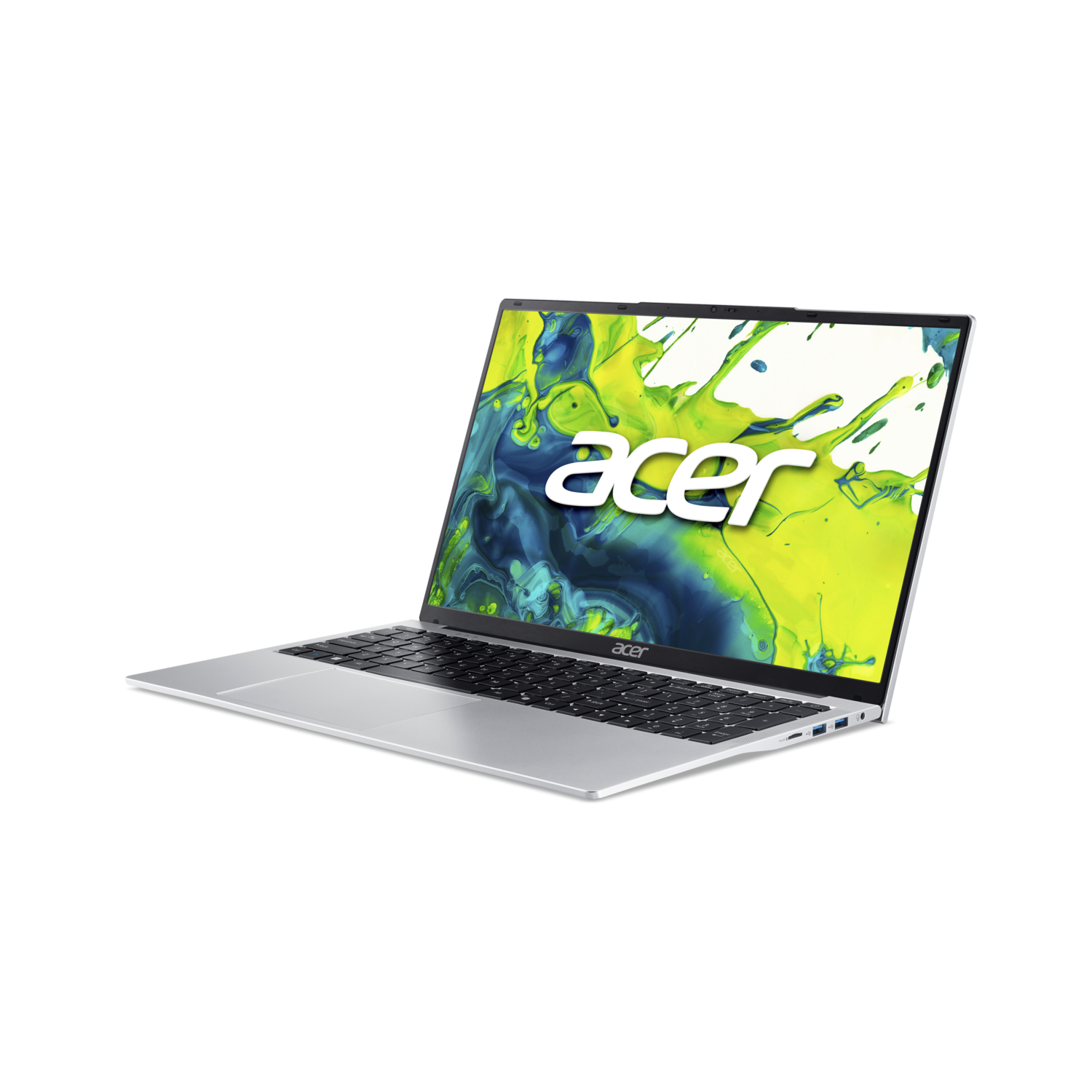 A silver Acer laptop is open, displaying a colorful abstract image. The background is black.
