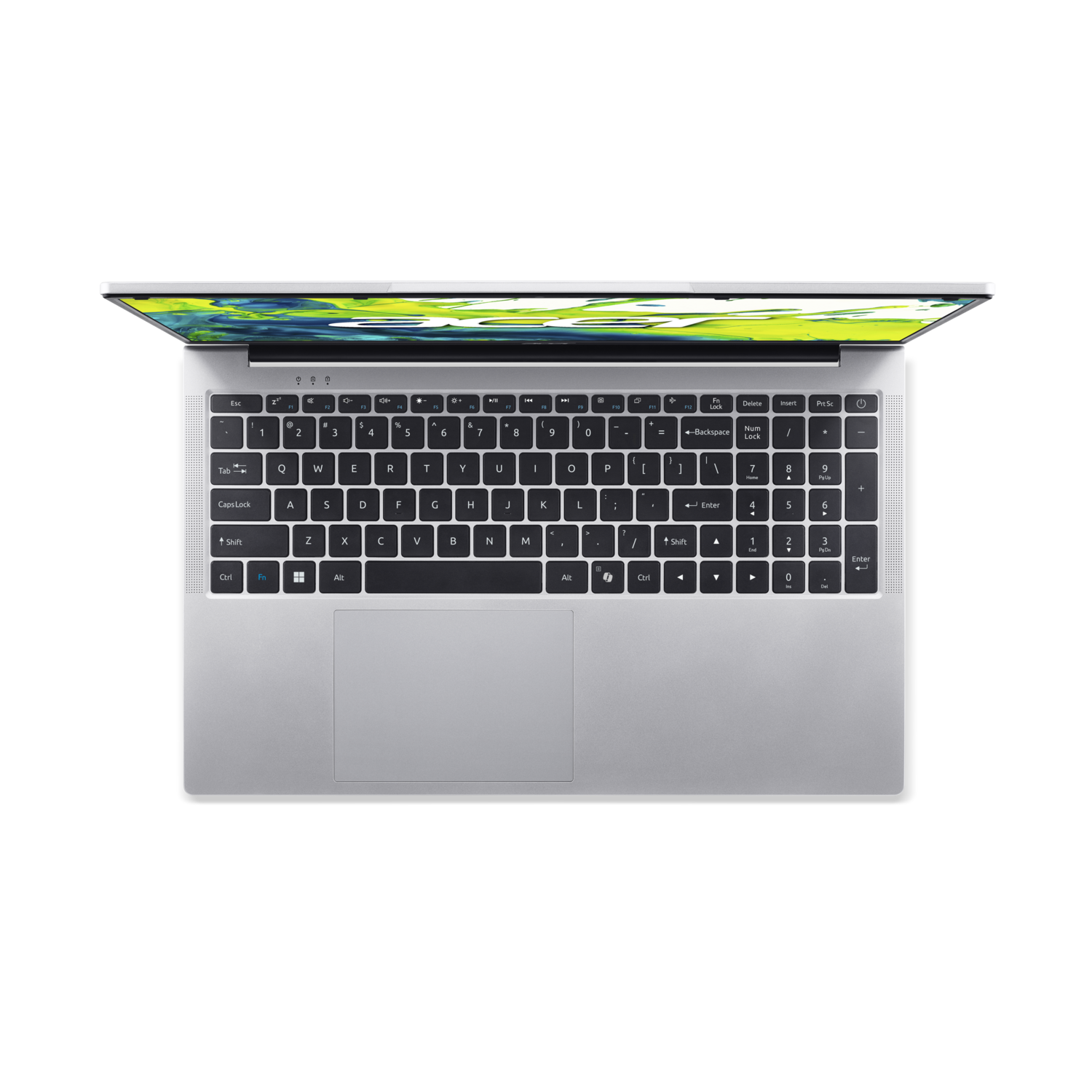 Silver laptop on black background, keyboard visible. Screen slightly open, displaying a light, colorful image.