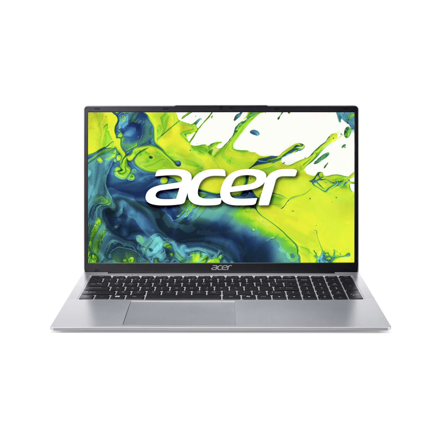 A silver Acer laptop is open against a black background. The screen displays the Acer logo over a colorful, abstract design.