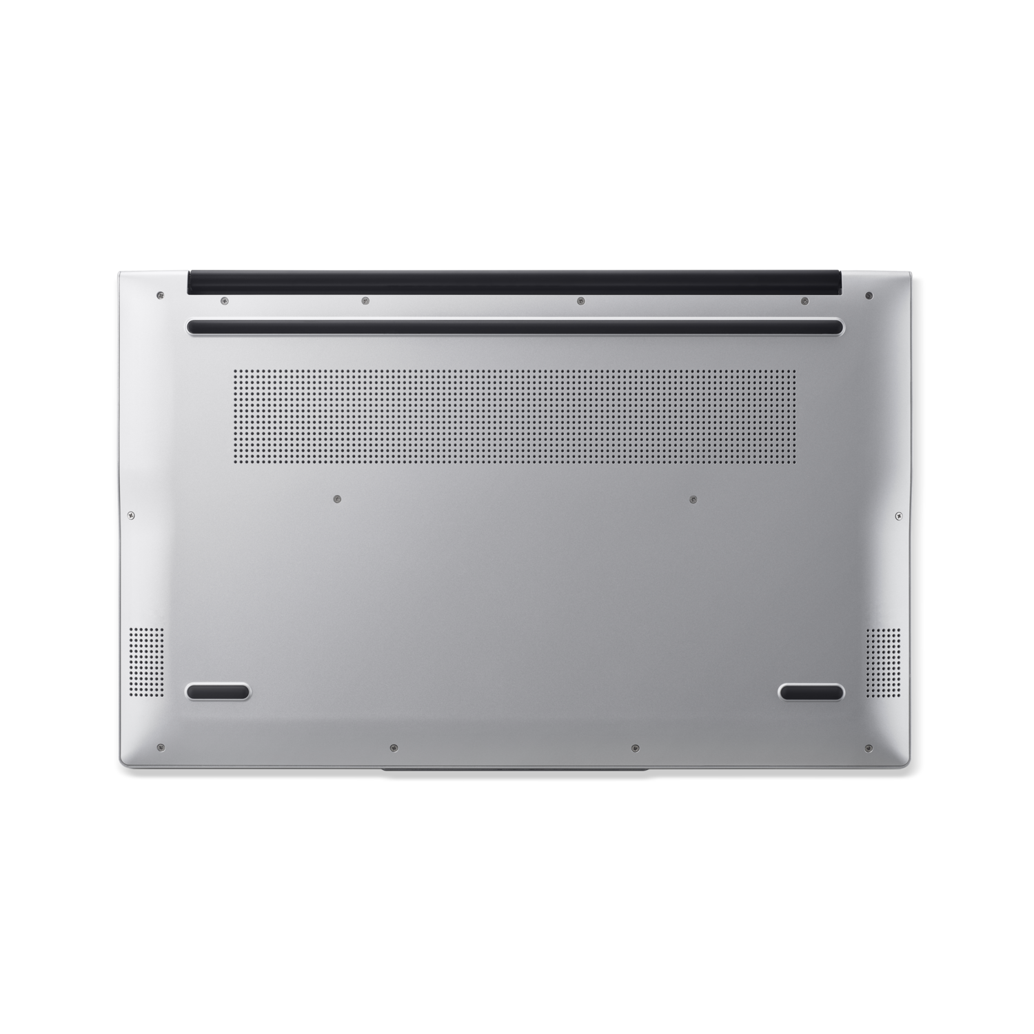 Silver laptop bottom view, vents and rubber feet visible against a black background.