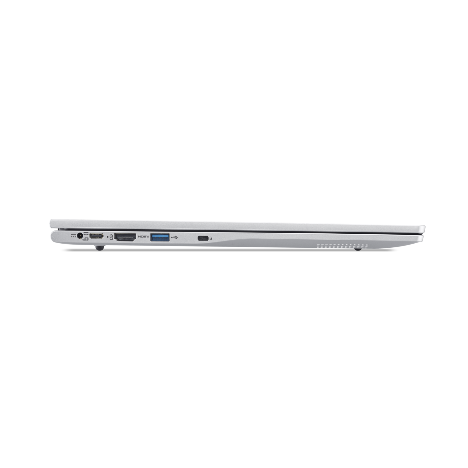 Side view of a white laptop against a black background. Visible ports include USB, HDMI, and a power port. The laptop is closed.