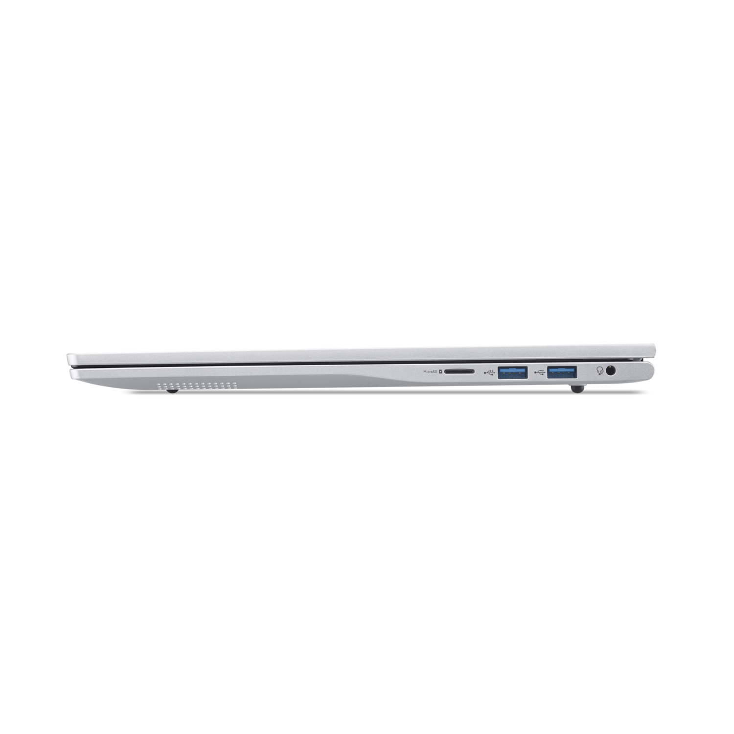 Side view of a silver laptop on a black background. Visible ports include microSD, USB, and audio jack.