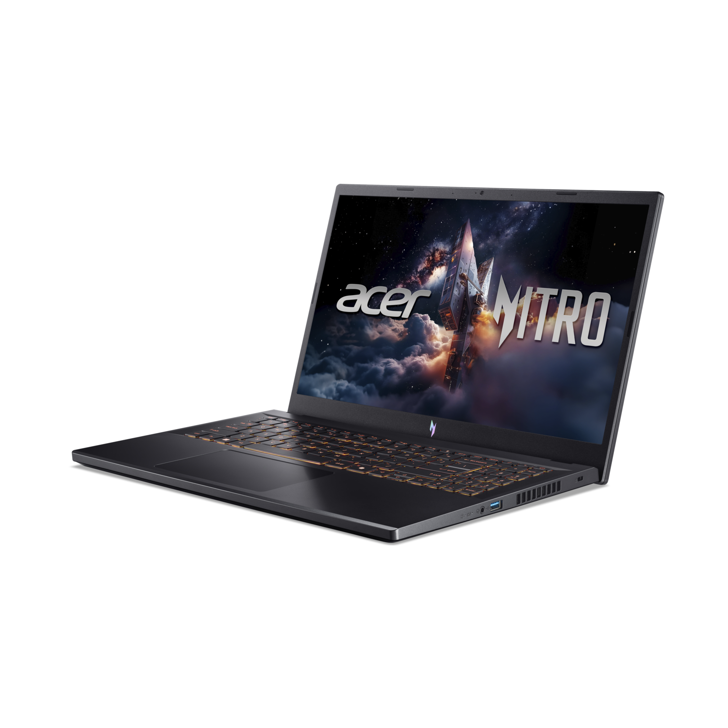 Een zwarte Acer Nitro laptop is open, met een ruimtescène. Het toetsenbord is oranje verlicht. De achtergrond is zwart.