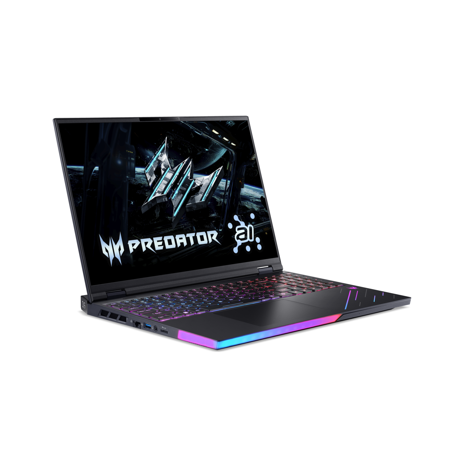 A black Predator gaming laptop is open. The screen displays a logo over a space scene. The keyboard and edges glow with colorful lights.