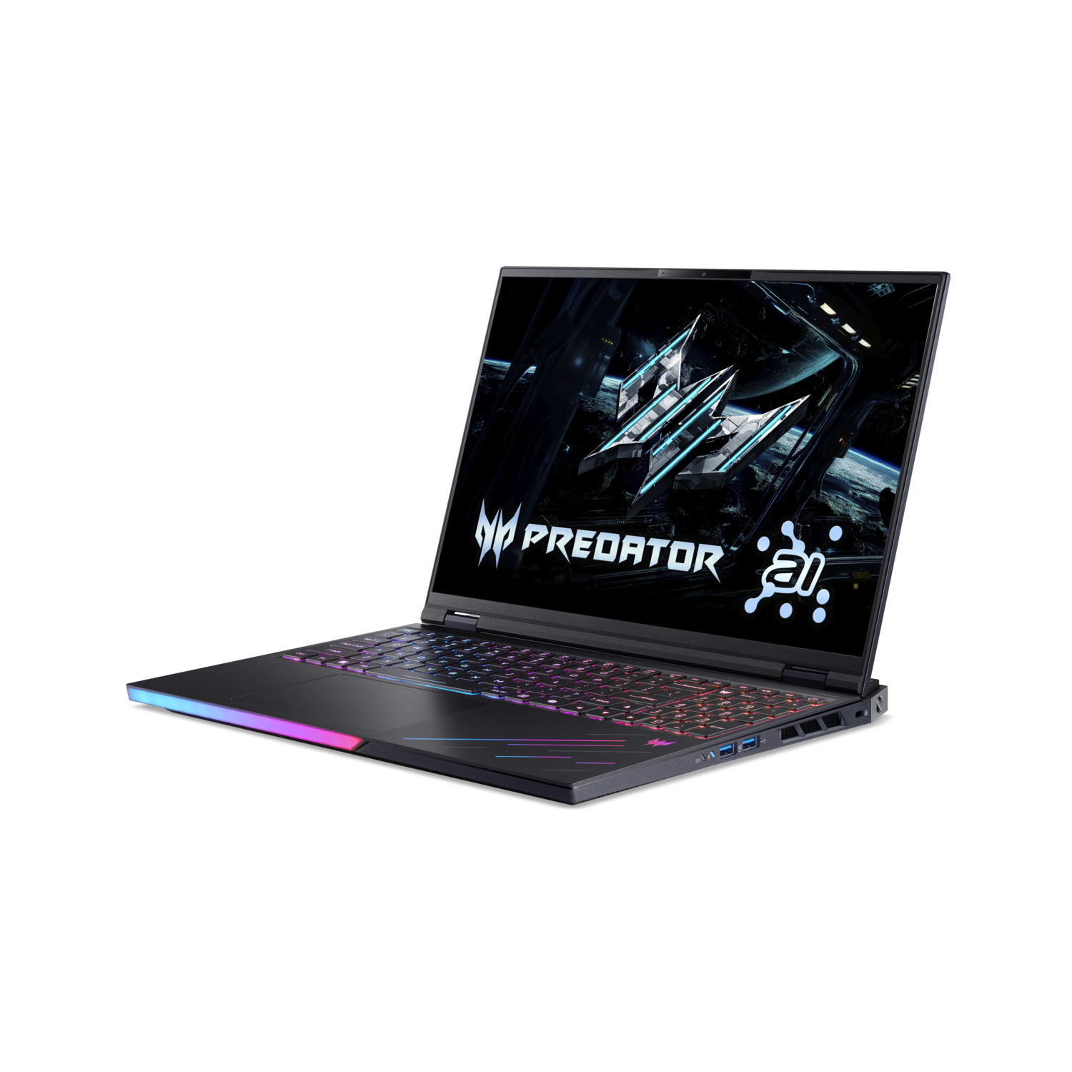 A black Predator laptop is open, showing a colorful keyboard and screen with the Predator logo and AI symbol, against a black backdrop.