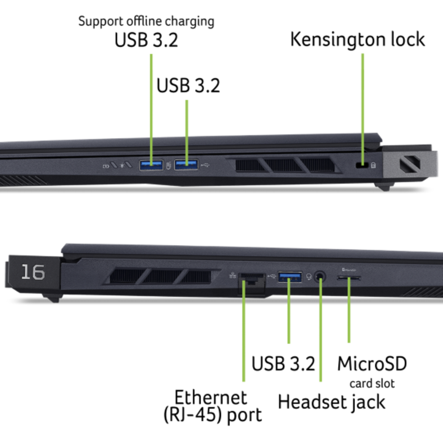 A close-up of a laptop's side profile, showcasing various ports, including USB and audio jacks, along with vents and a security lock.