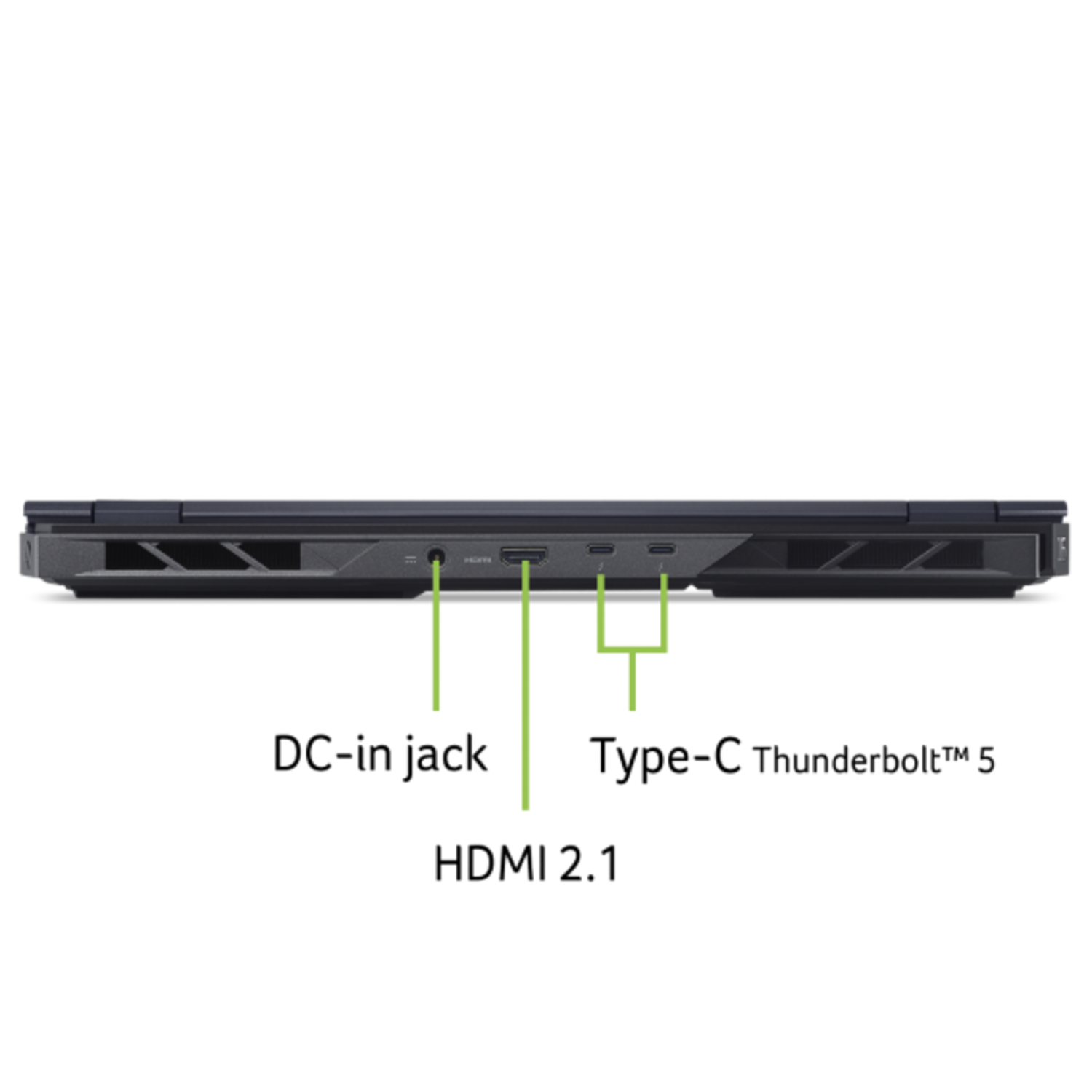 The side of a dark laptop is visible, with several ports including HDMI, USB-C, and audio jack, against a black background.