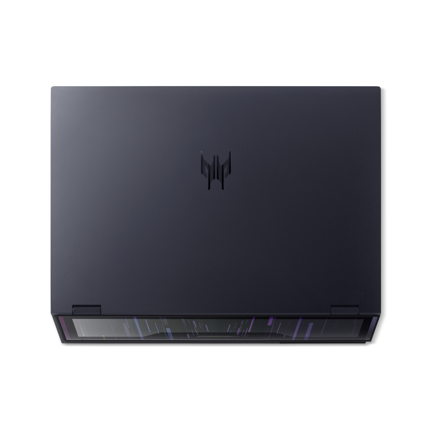 A dark blue laptop with a logo on the lid is on a black background. The screen's edge is visible, reflecting light.