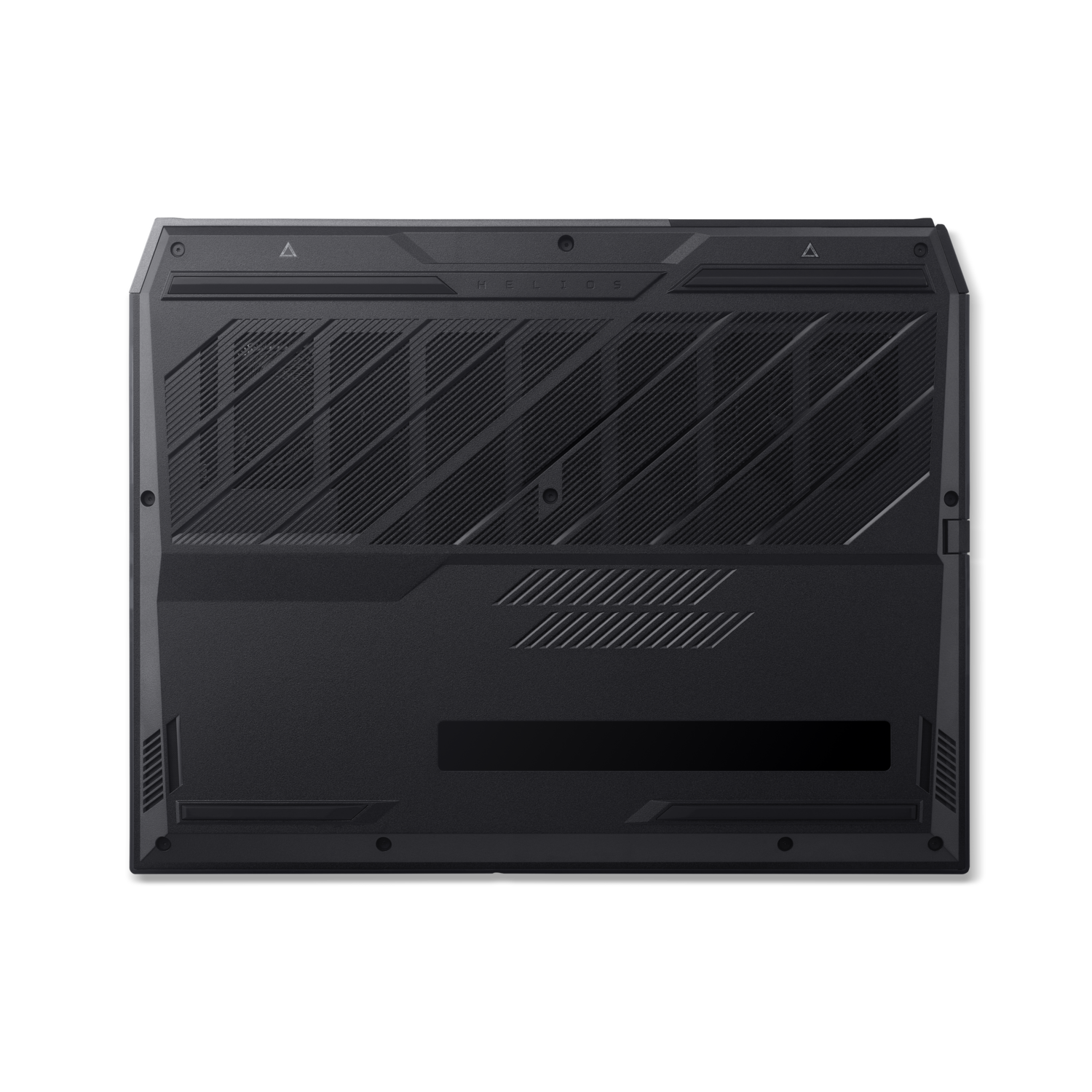 Black laptop base with textured surfaces and vents. The word HELIOS is visible. The background is black.