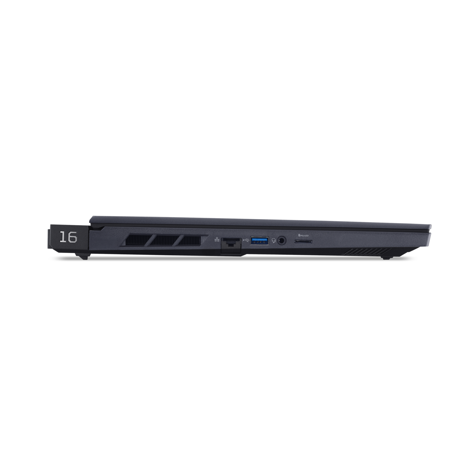 Side view of a black laptop against a black background. The laptop has ports and vents visible.