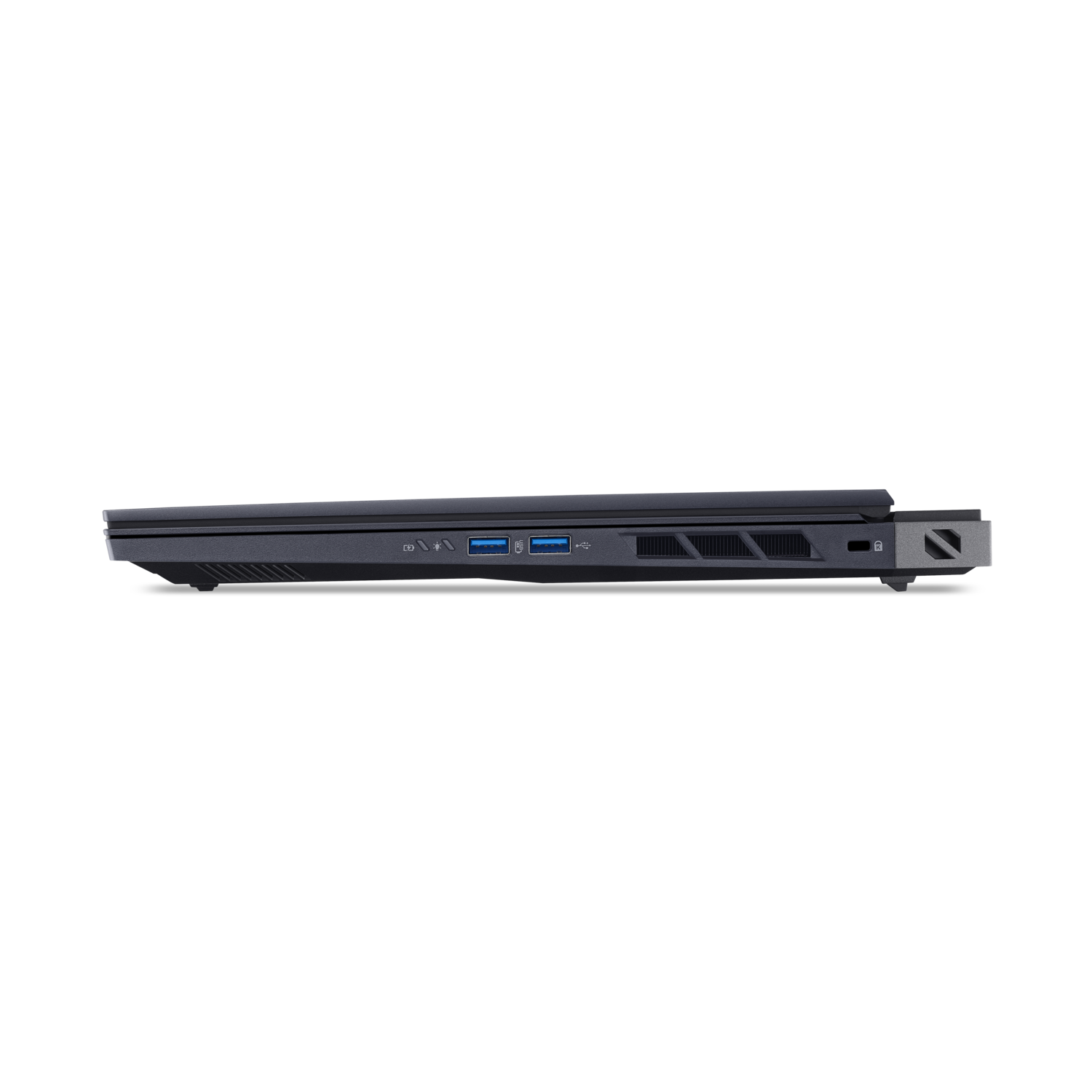 A side view of a dark gray laptop. Visible are ports, vents, and a power button against a solid black background.