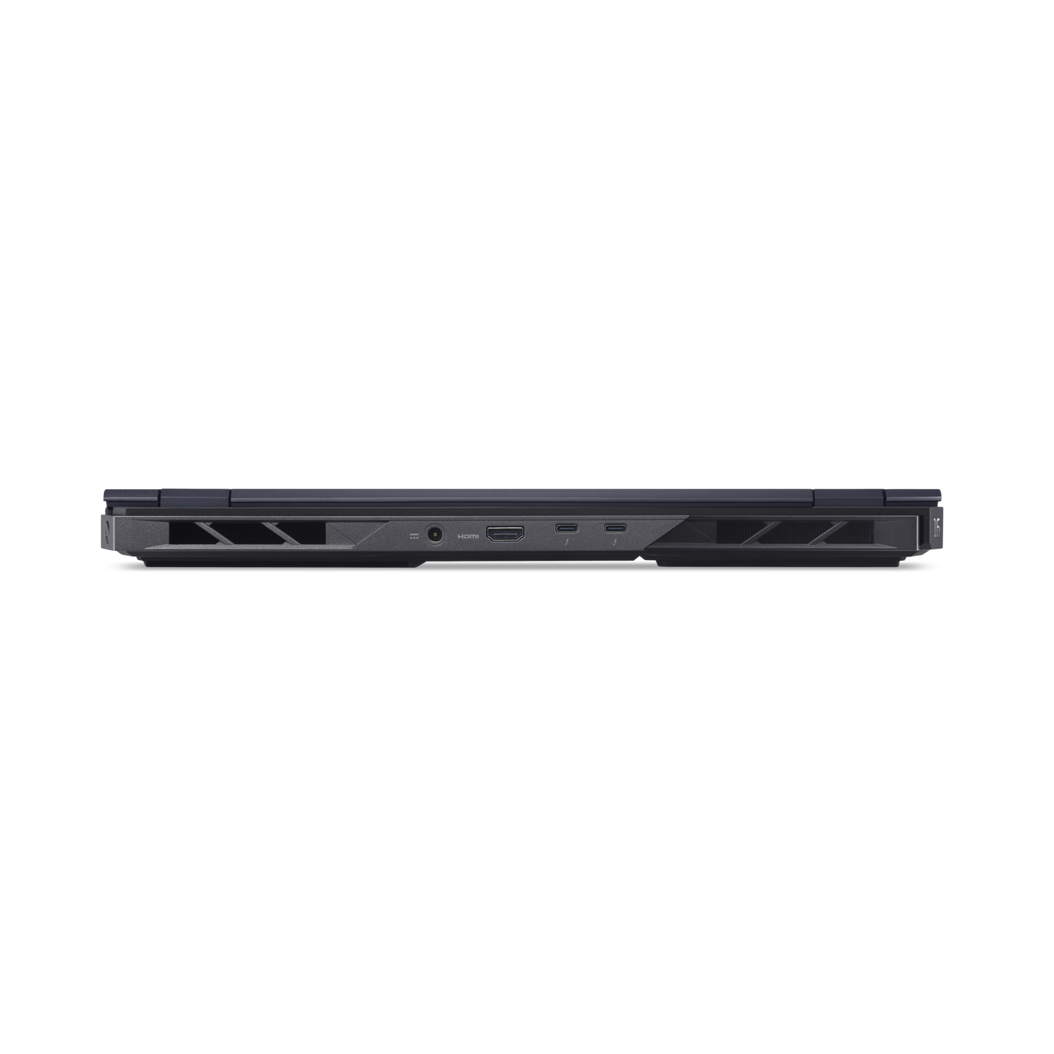 Side view of a dark gray laptop on a black background. Visible ports include power, HDMI, and USB-C. The laptop's edge is visible.