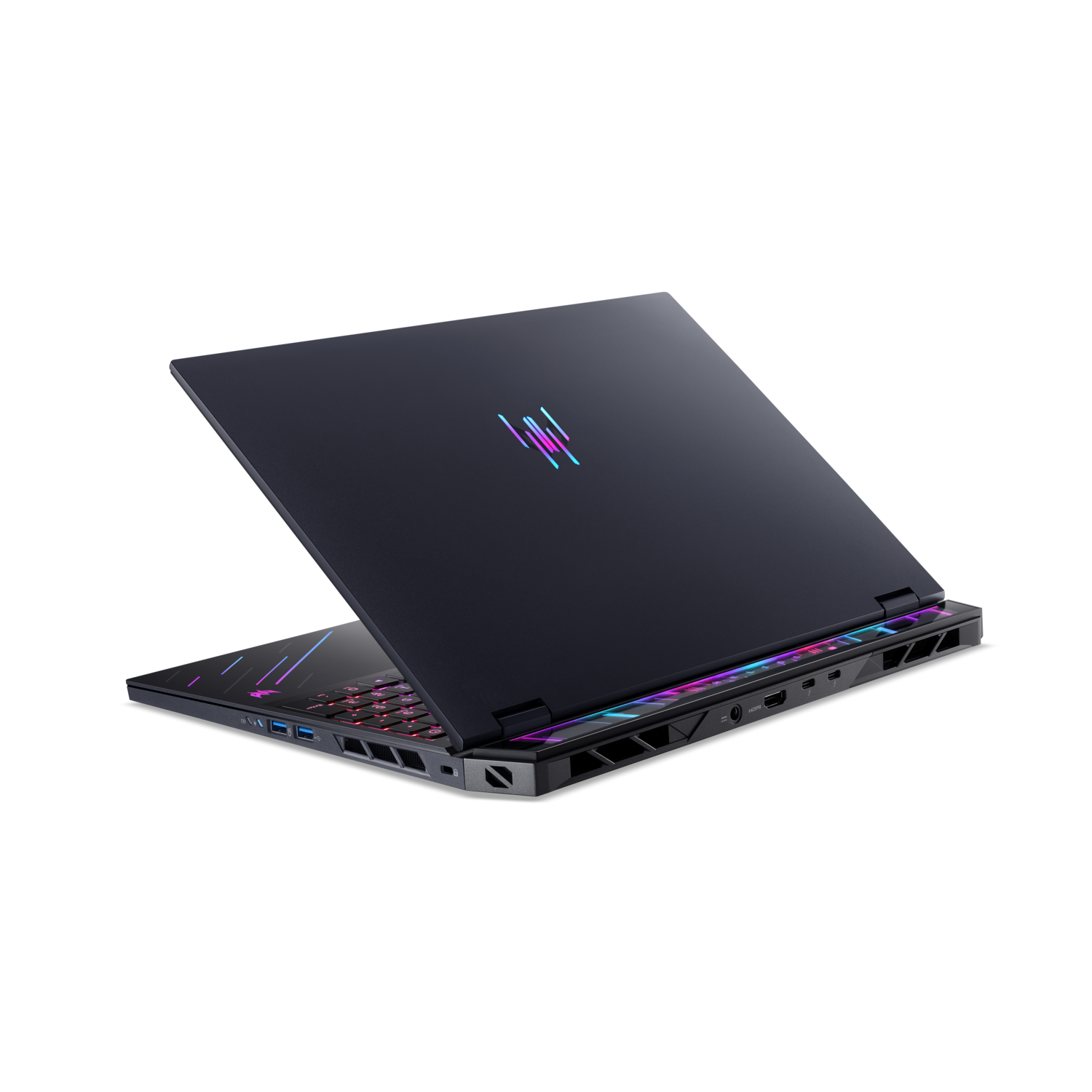 A dark laptop is slightly open, showing a colorful keyboard and glowing accents. The background is black.