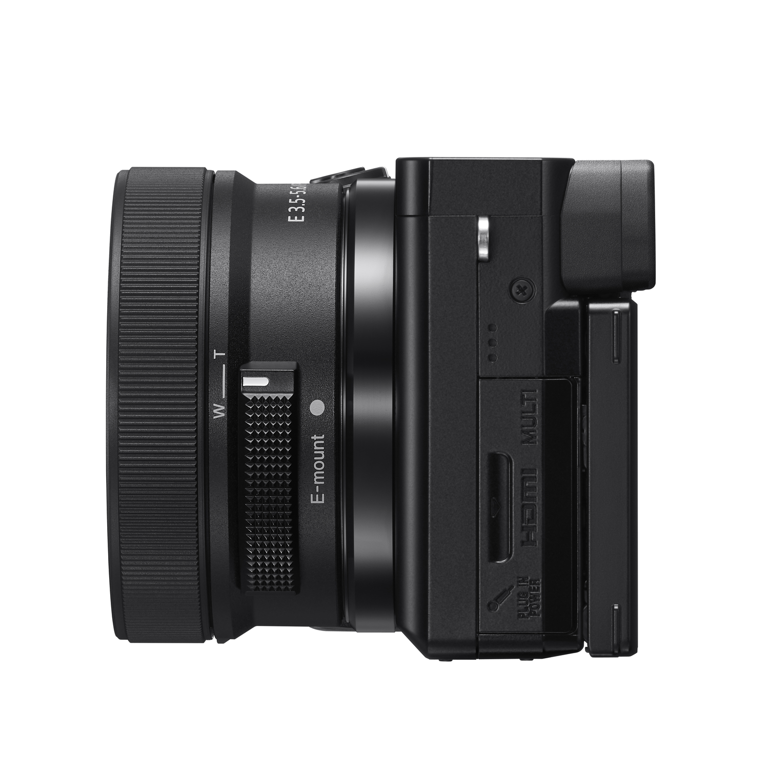 Side view of a black camera with a lens attached, on a white background.