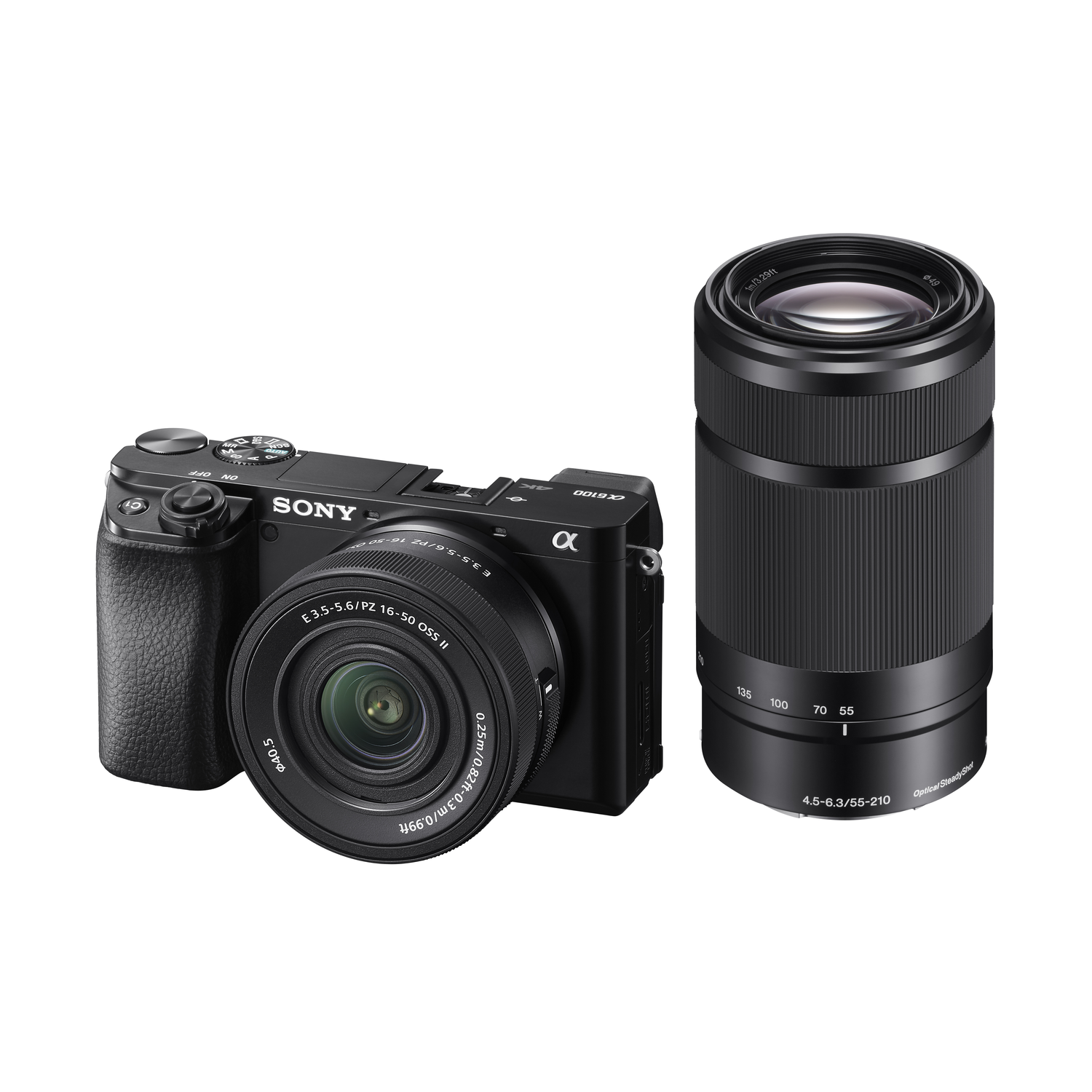 A black Sony camera and lens are on a white background. The camera has a lens attached, and another lens is positioned to the right.