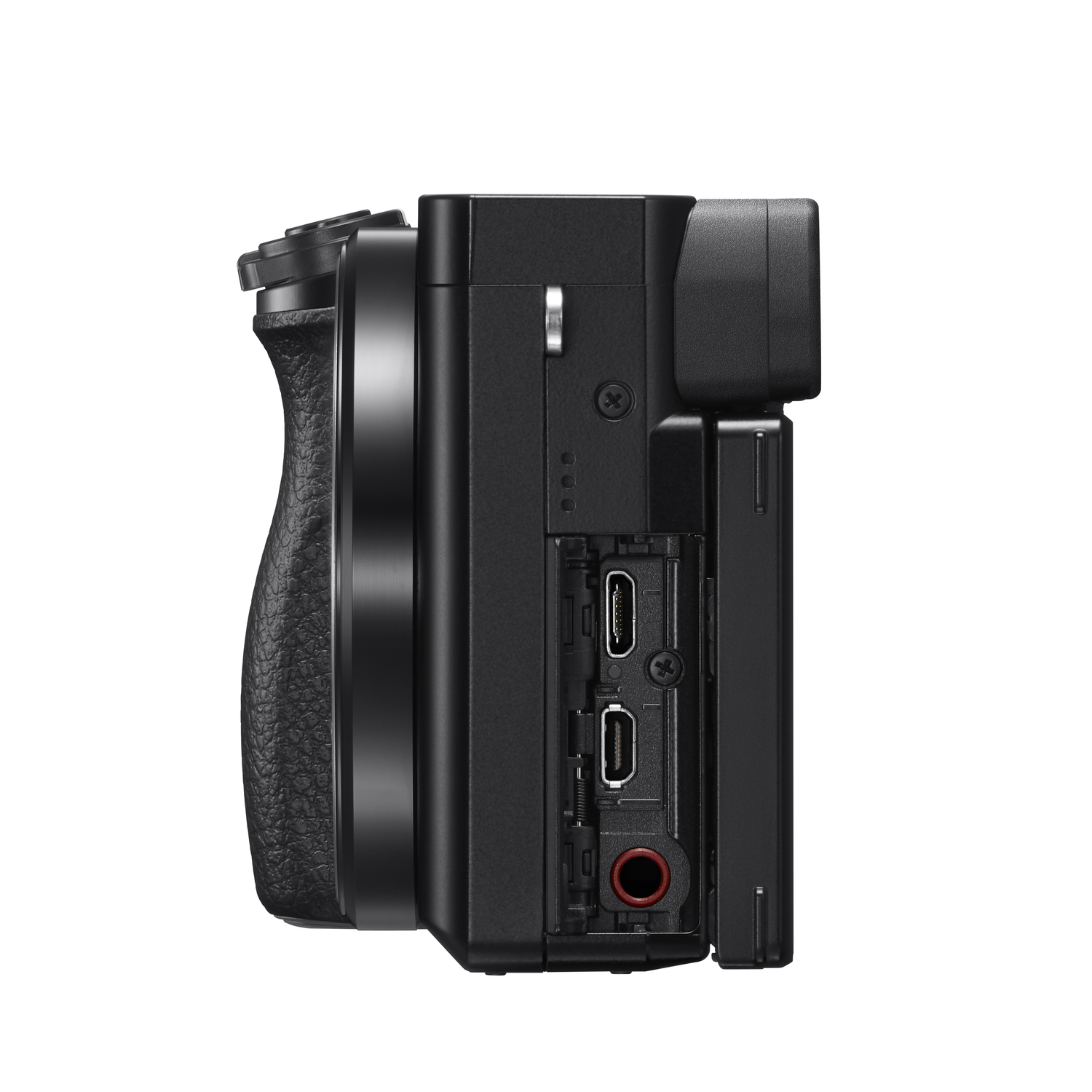 A black camera body is shown in profile against a white background. It has a textured grip, ports, and a lens attachment.