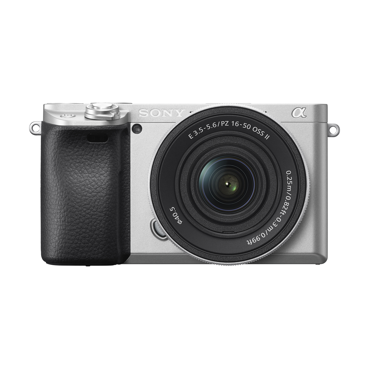 A silver Sony camera with a black grip and a lens. The lens has text: E 3.5-5.6/PZ 16-50 OSS II and 0.25m/0.82ft-0.3m/0.99ft.