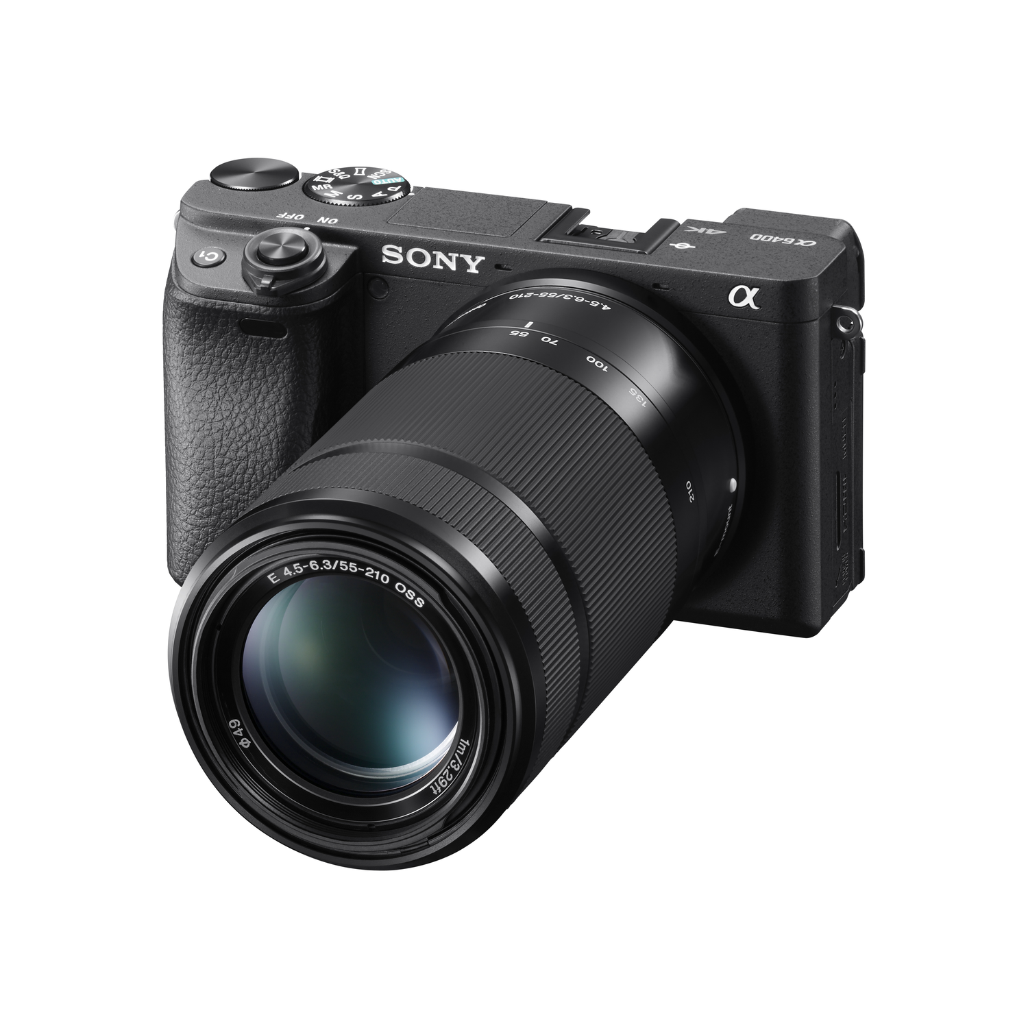 A black Sony camera with a lens, set against a white background, angled.
