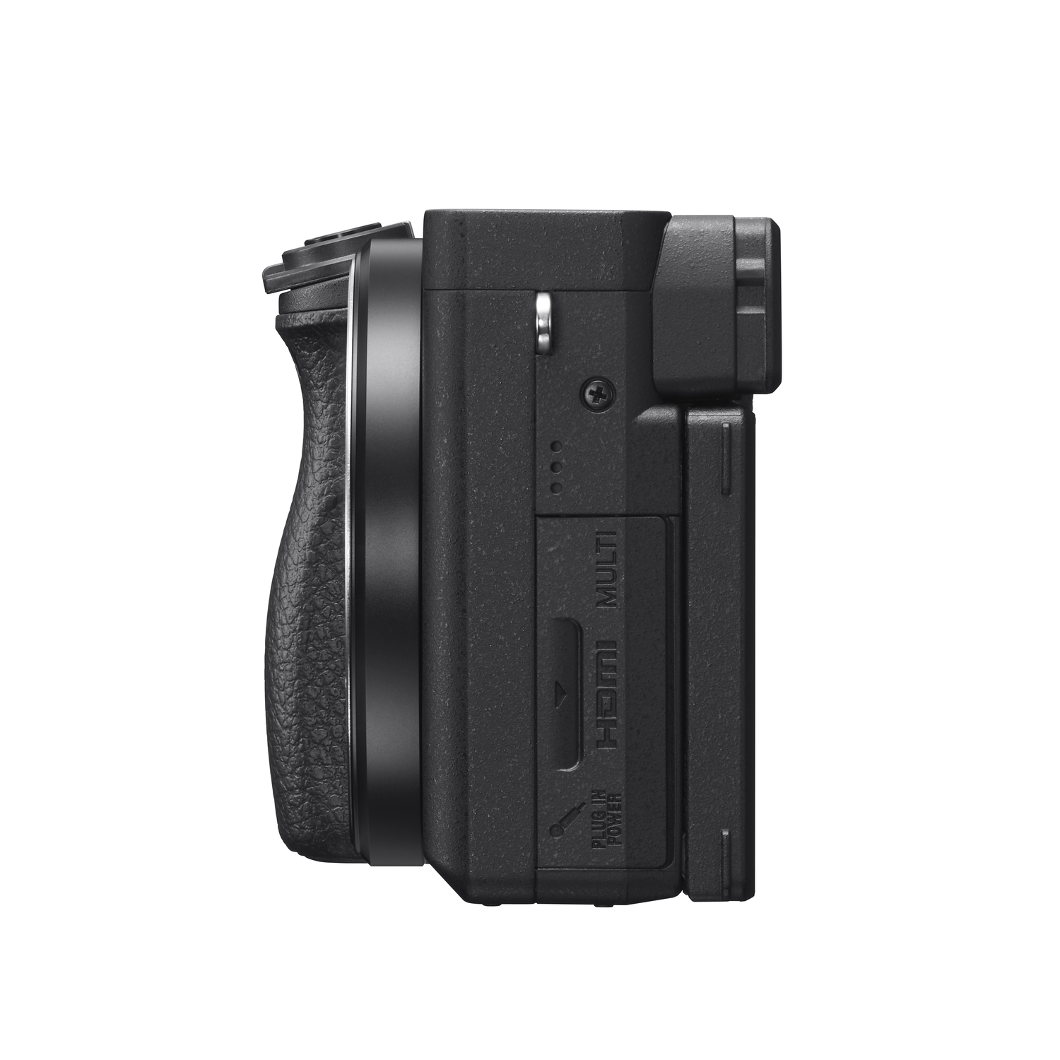 A black camera body is shown in profile against a white background. The camera has a lens mount, grip, and various ports labeled HDMI and Multi.