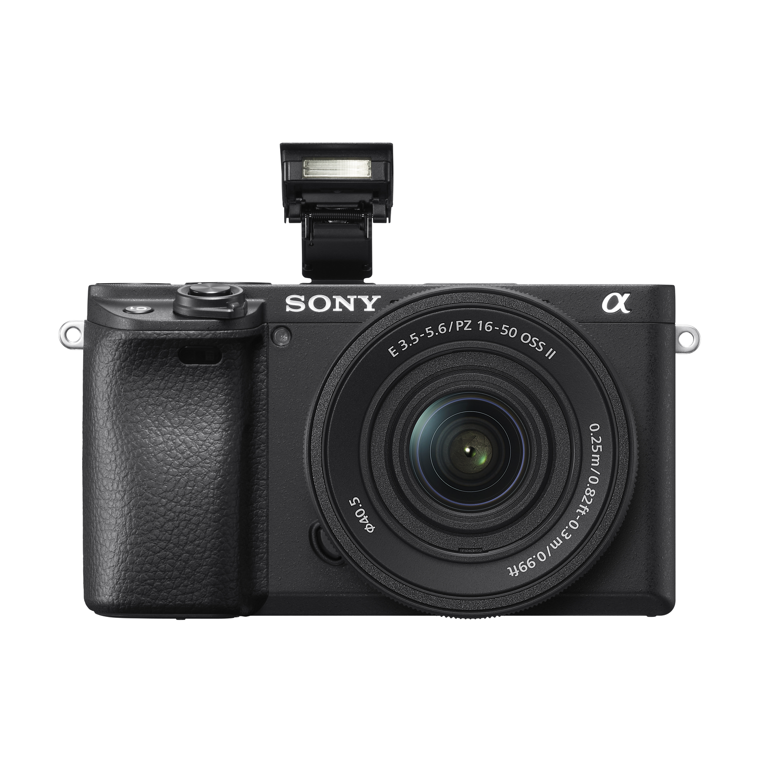 A black Sony camera with a lens, flash, and the Sony logo is centered. It has text on the lens and body, and is on a white background.