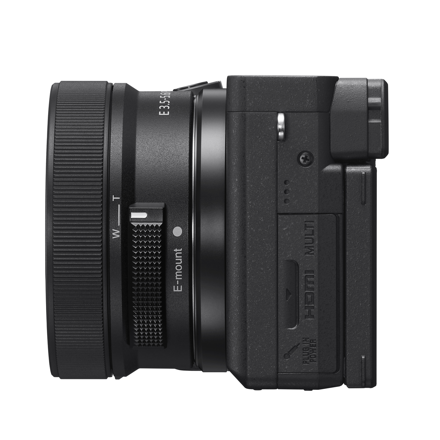 Side view of a black camera with a lens attached. The lens has markings and a textured grip. The camera body has ports labeled HDMI and power.