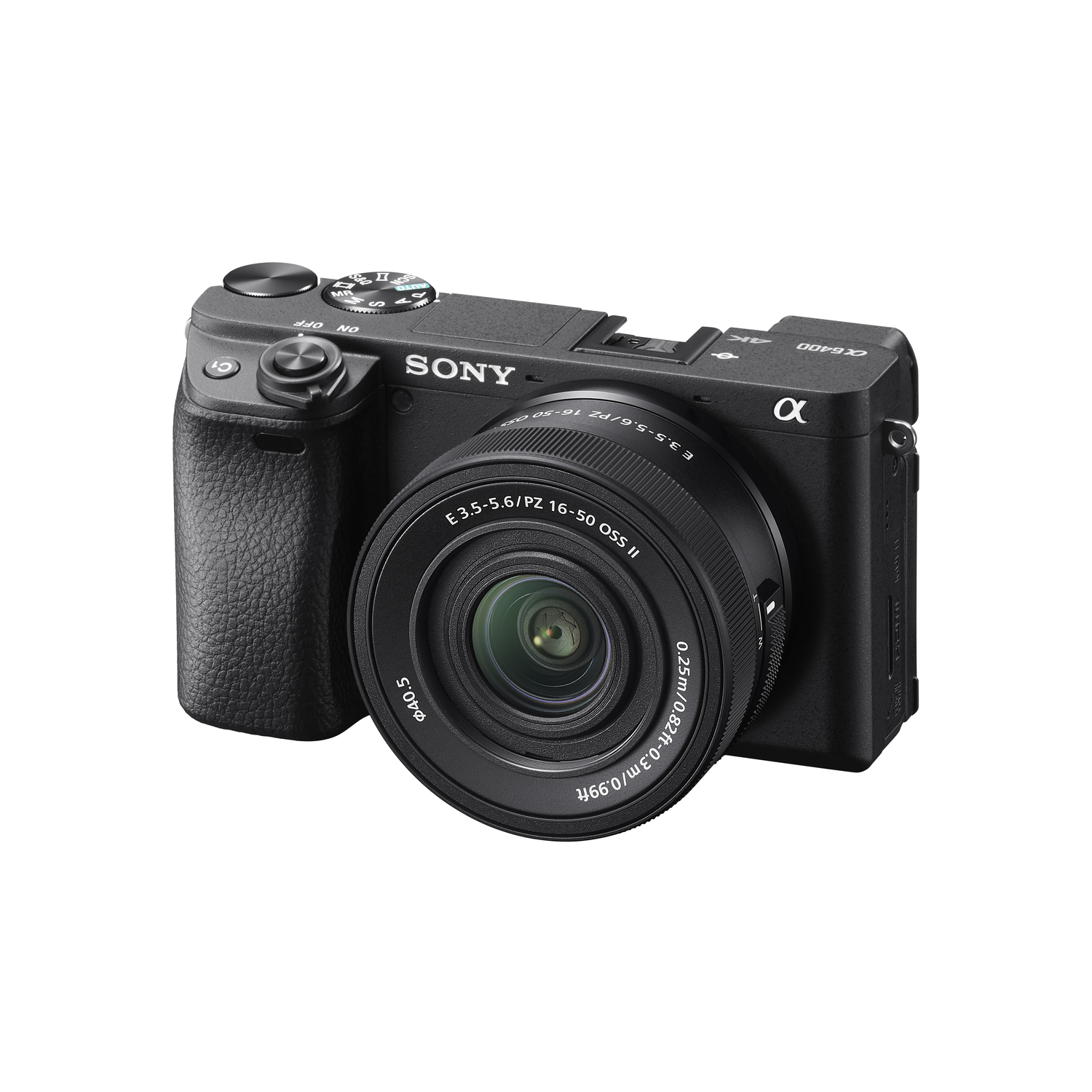 Black Sony camera with lens, angled view, on a white background.