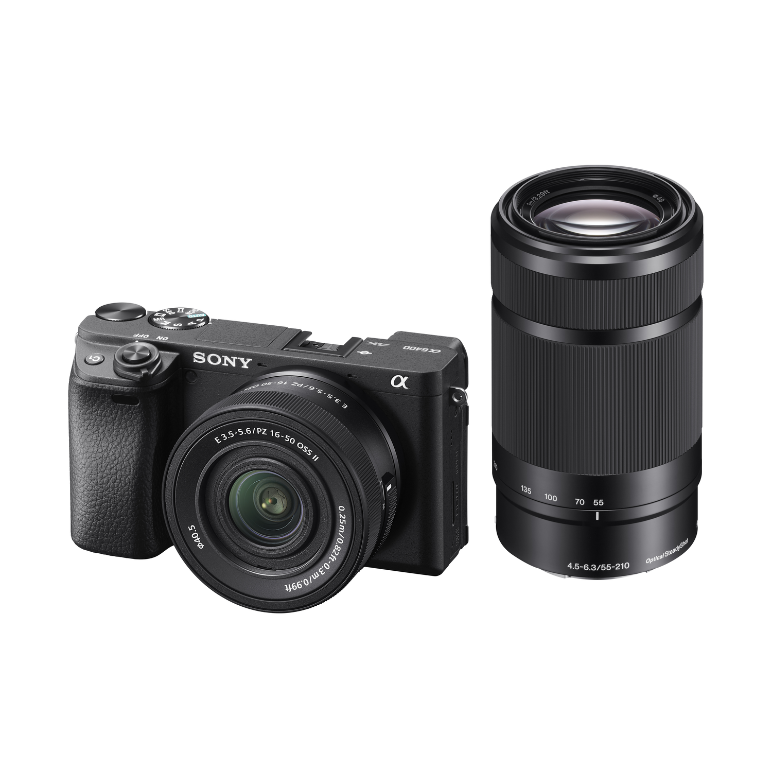 Black camera with a lens. The lens is on the right side, and the camera is on the left.